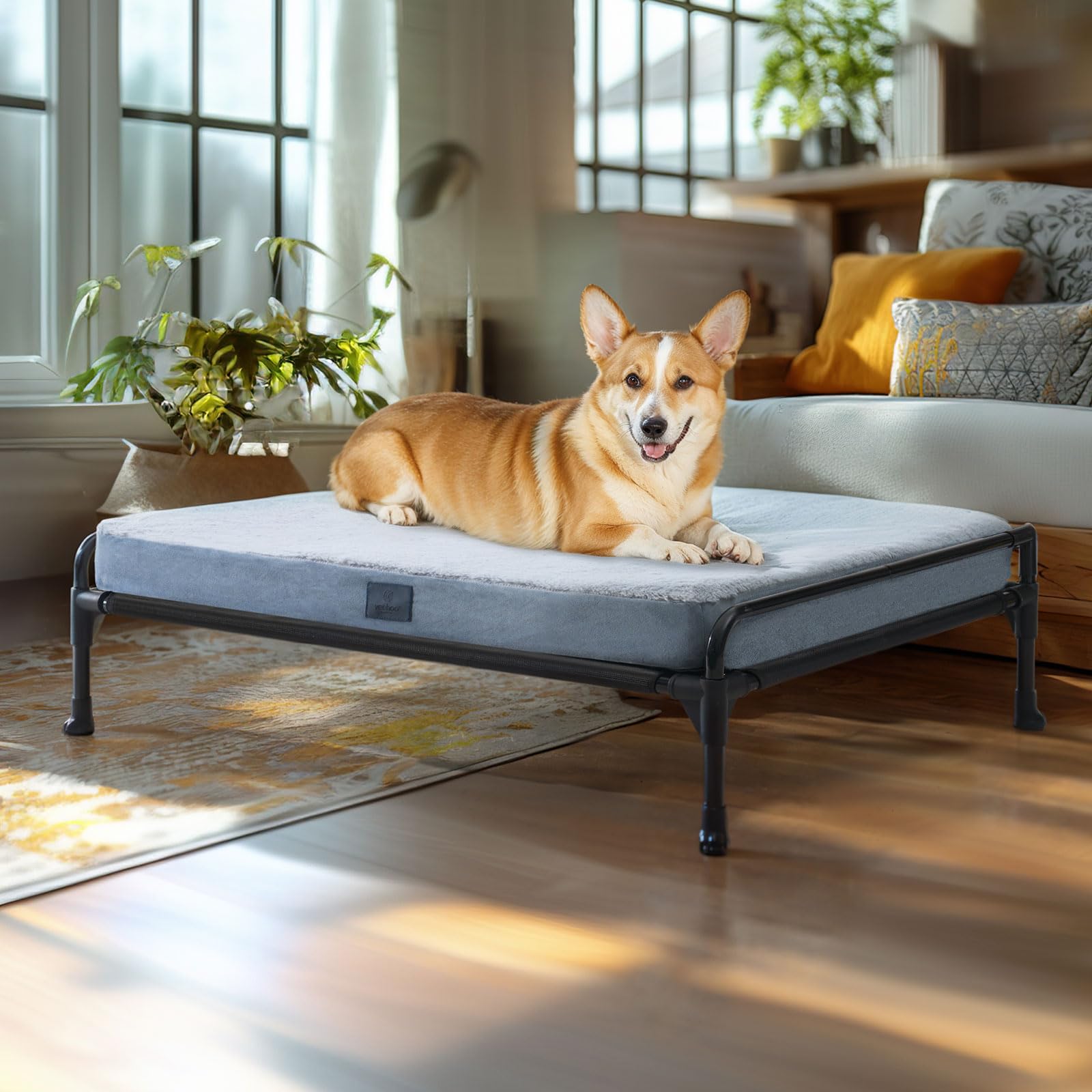 Veehoo Elevated Raised Dog Bed+Removable Dog Bed Mat-Cooling Outdoor Medium Pet Cot Three-Sided Guardrail Raised Pet Cot Elevate