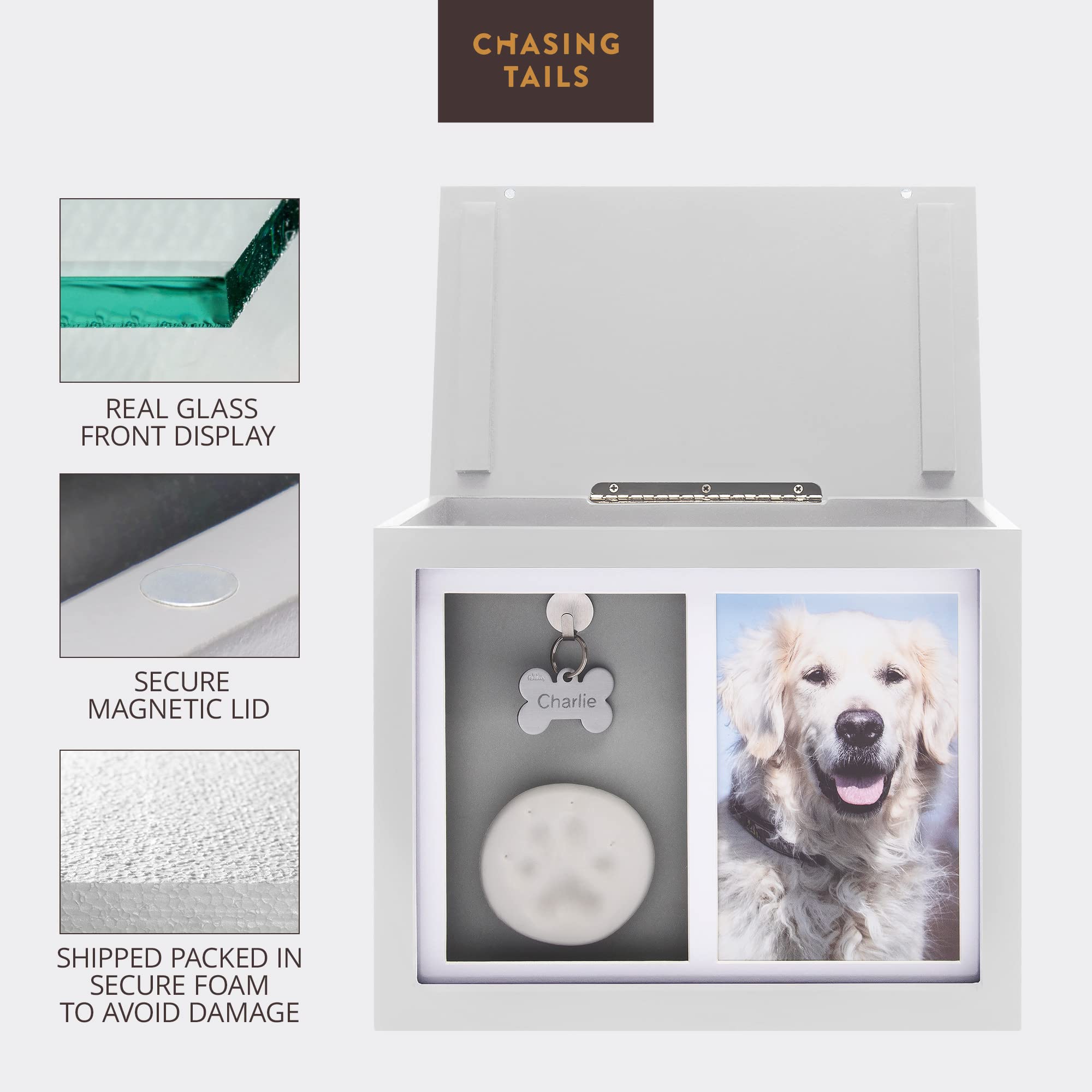 Chasing Tails Premium White Pet Urn - Large Memorial Dog Ashes, 9.49"x7.8"x5.7", Includes Paw Print & Photo Album