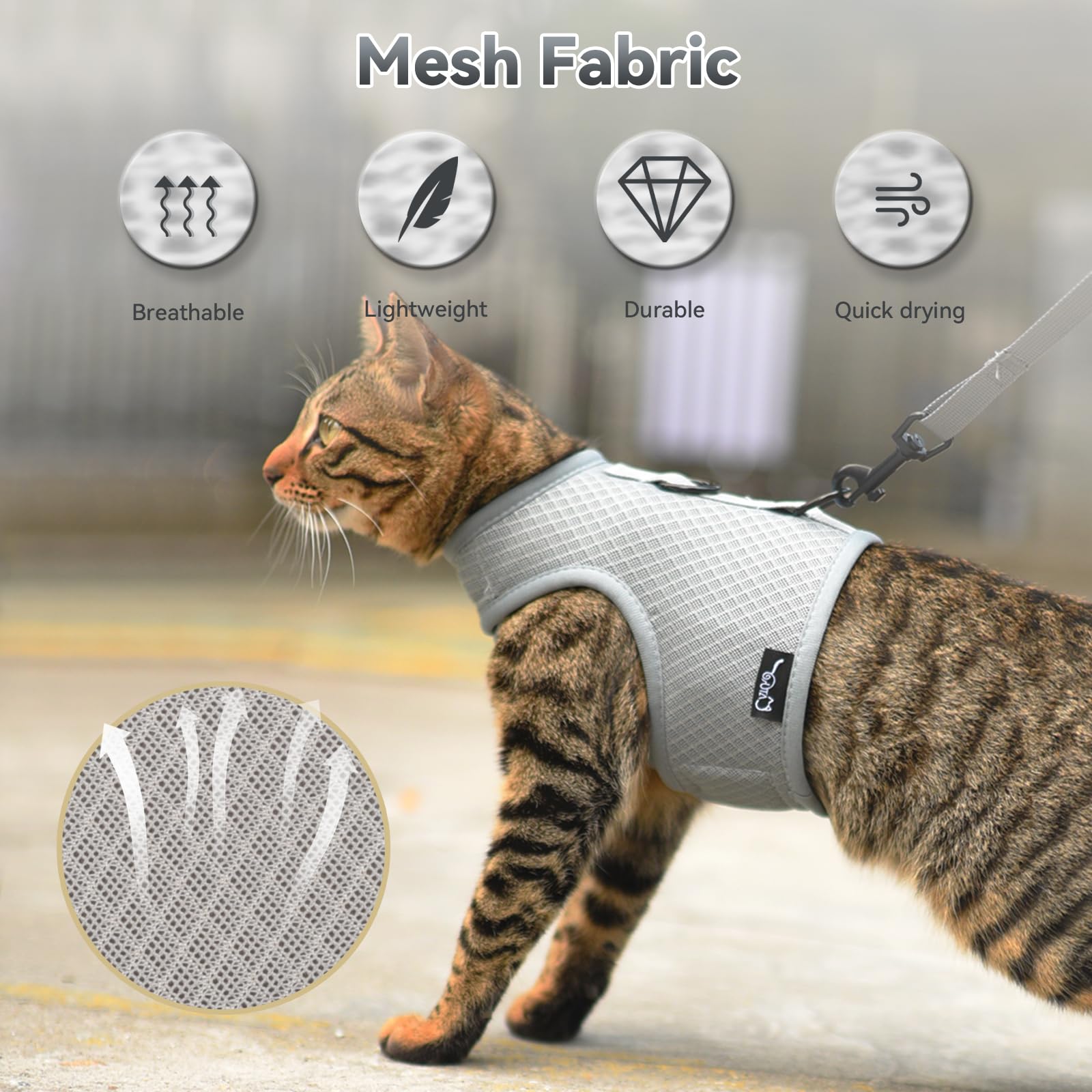 Cat Harness And Leash For Walking Escape Proof Breathable Mesh Fabric, Solid Grey, Xx-Large, Adjustable Cat Walking Jackets, Pad