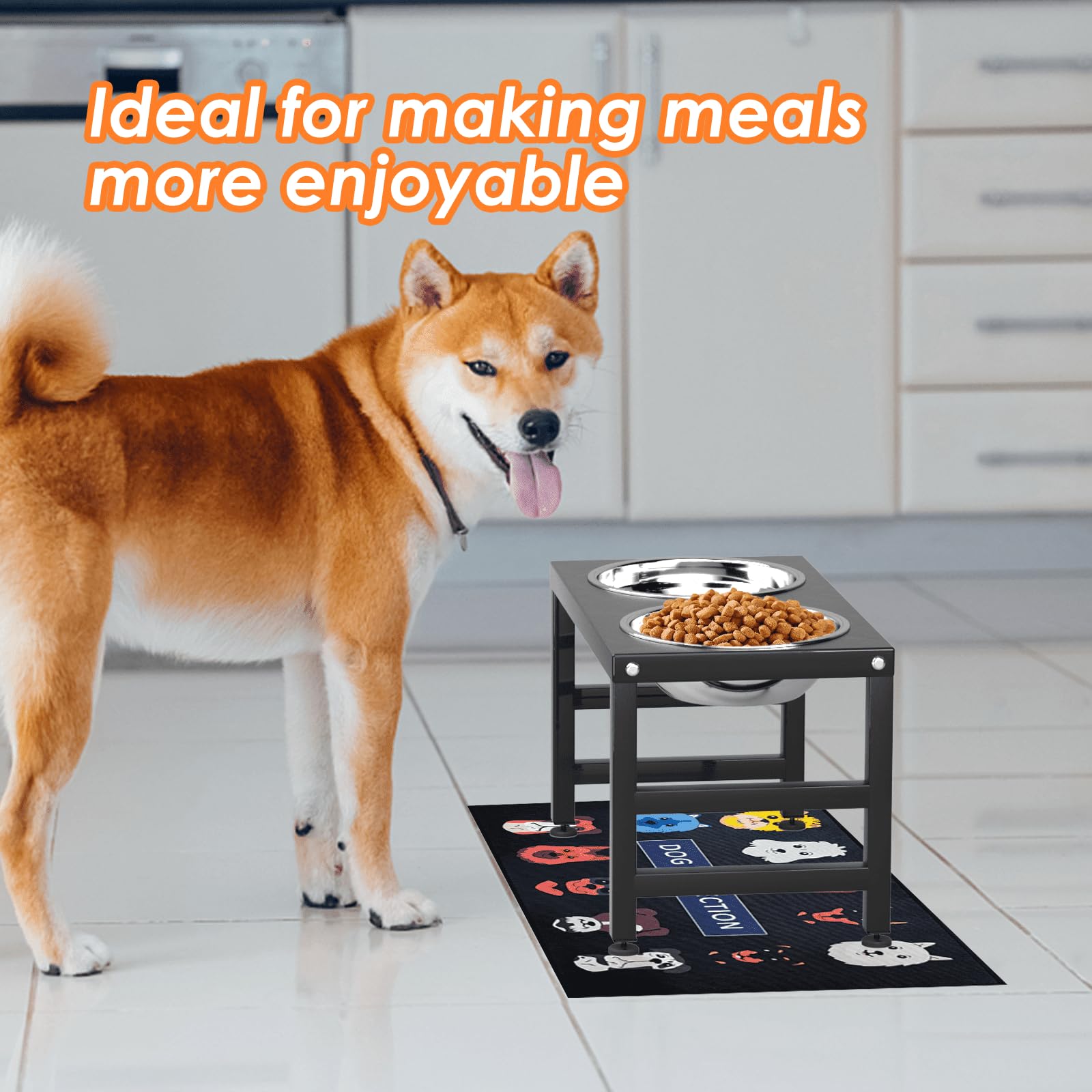 Adengl Metal Elevated Dog Bowls For Large & Medium Dogs, 10'' Tall Raised Stand With 2 Stainless Steel 42Oz Bowls & 16X24 Spill-