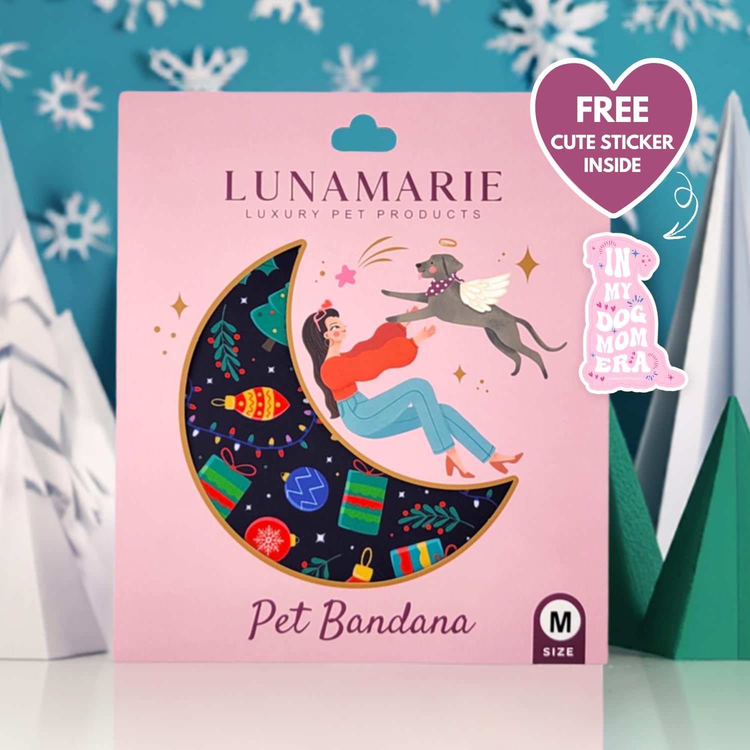 Lunamarie - Luxury Pet Birthday Bandanas -Premium & Silky Poly Fabric | 100% Handmade | Custom Shape Dual Layered (Christmas Tre