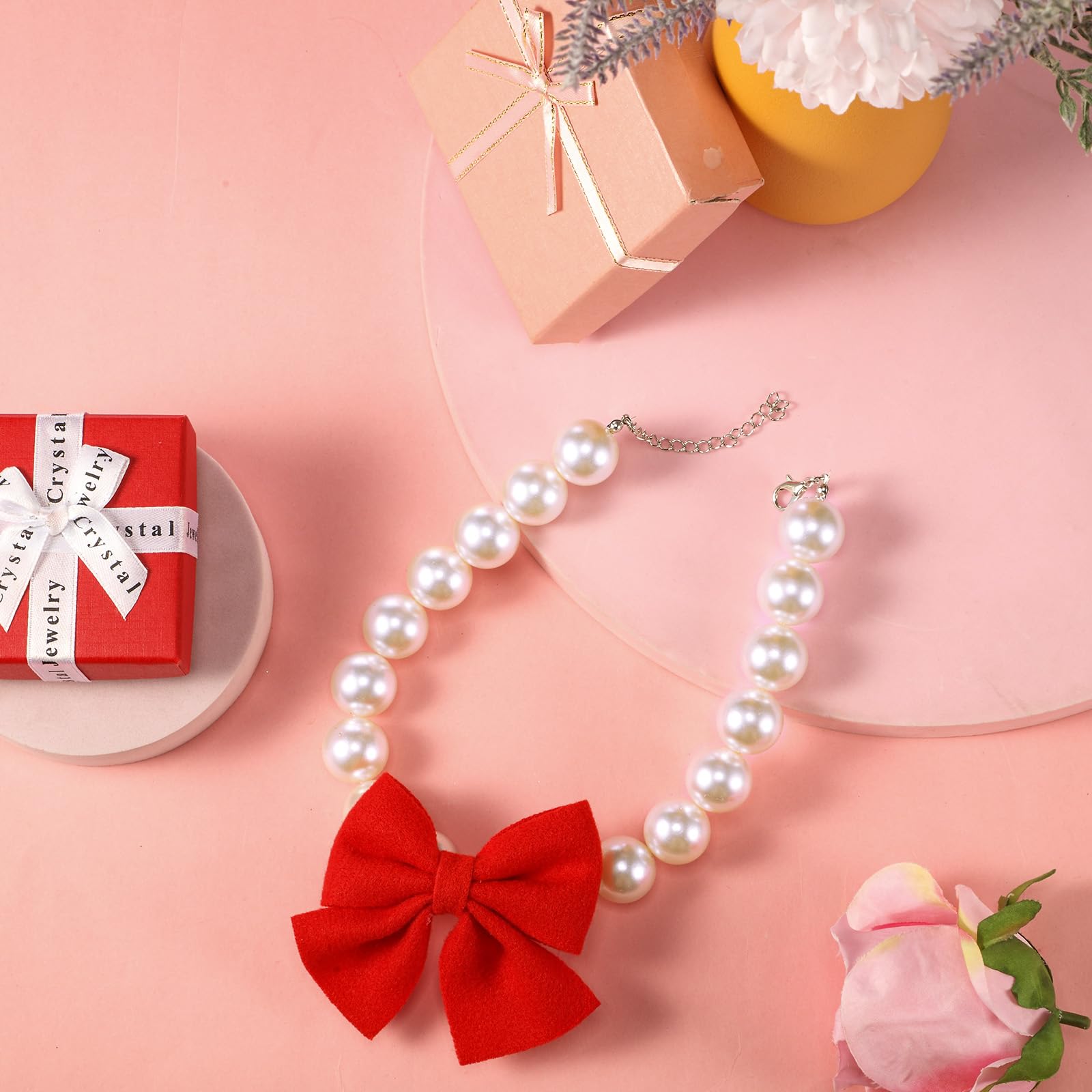 Leifide Chunky Pearl Dog Necklace With Red Bow 20Mm Large Bead Big Pearl Puppy Collar Necklace Adjustable Jewellery Accessories