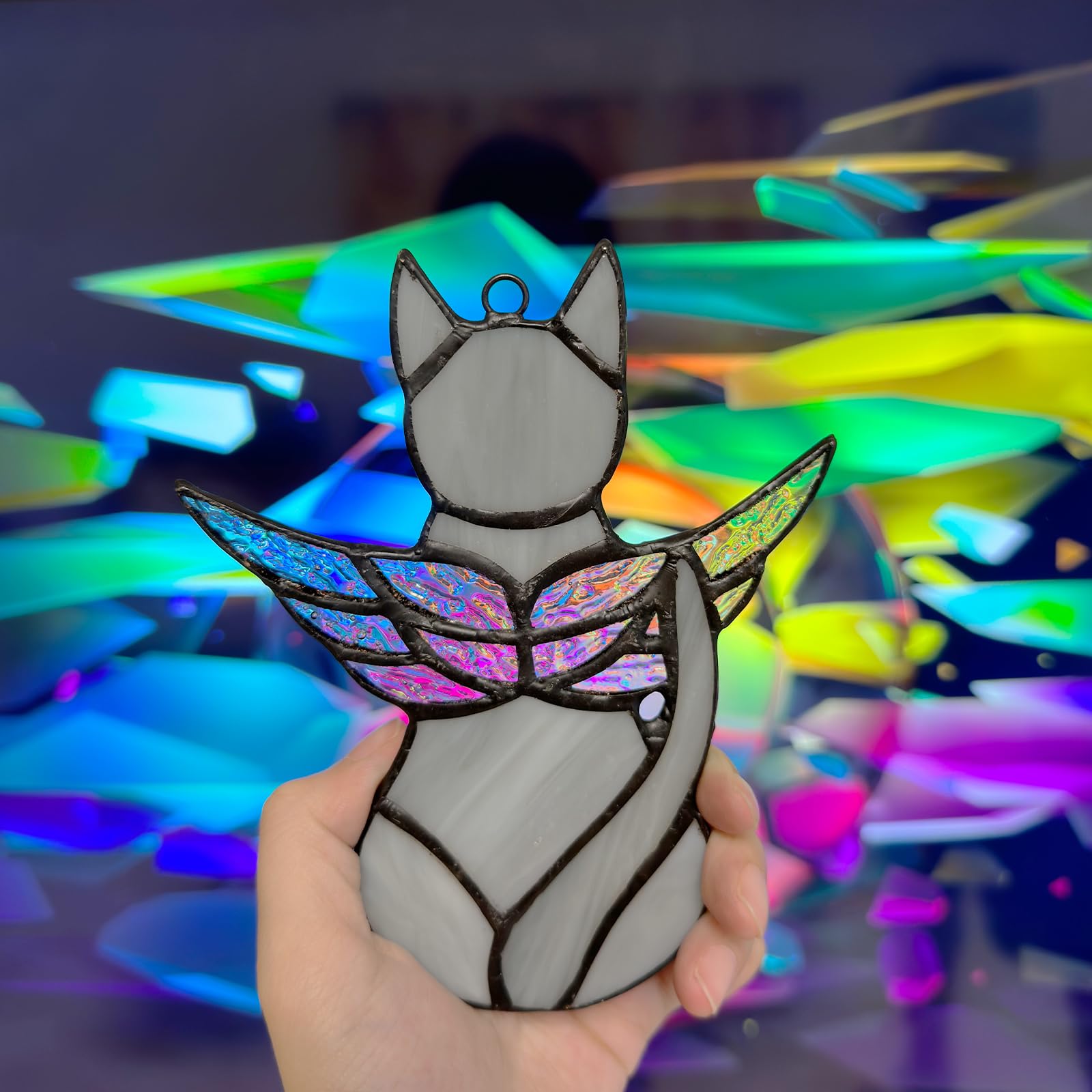 Fluffycaptain Handcrafted Stained Glass Grey Angel Cat Suncatcher - Pet Memorial Gift With Colorful Wings, Cat Lovers Sympathy G