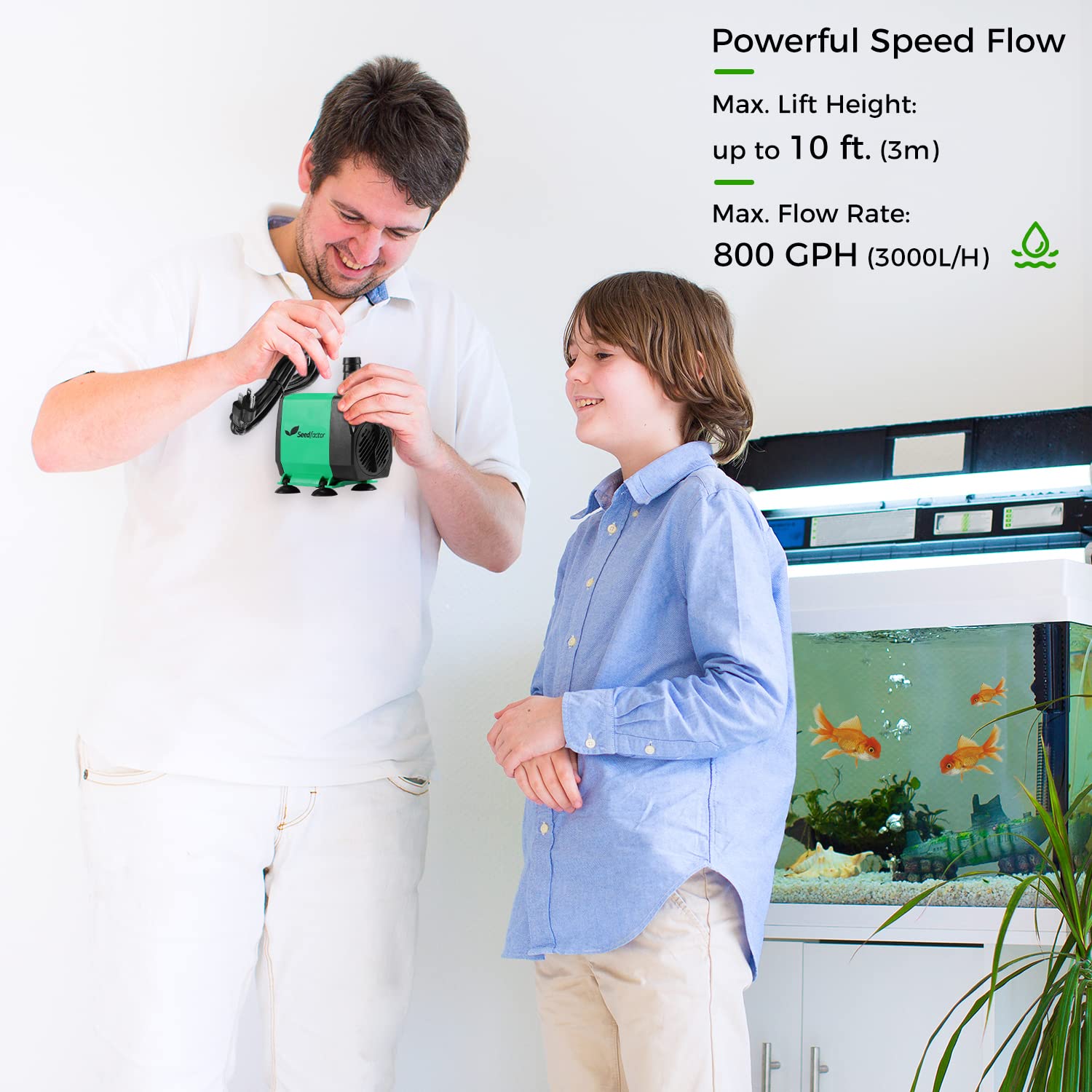 Seedfactor 800GPH Aquarium Pump (3000L/H, 24W), Ultra Quiet Water Pump with 10ft. High Lift, Fountain Pump with 6.5ft. Power Cor