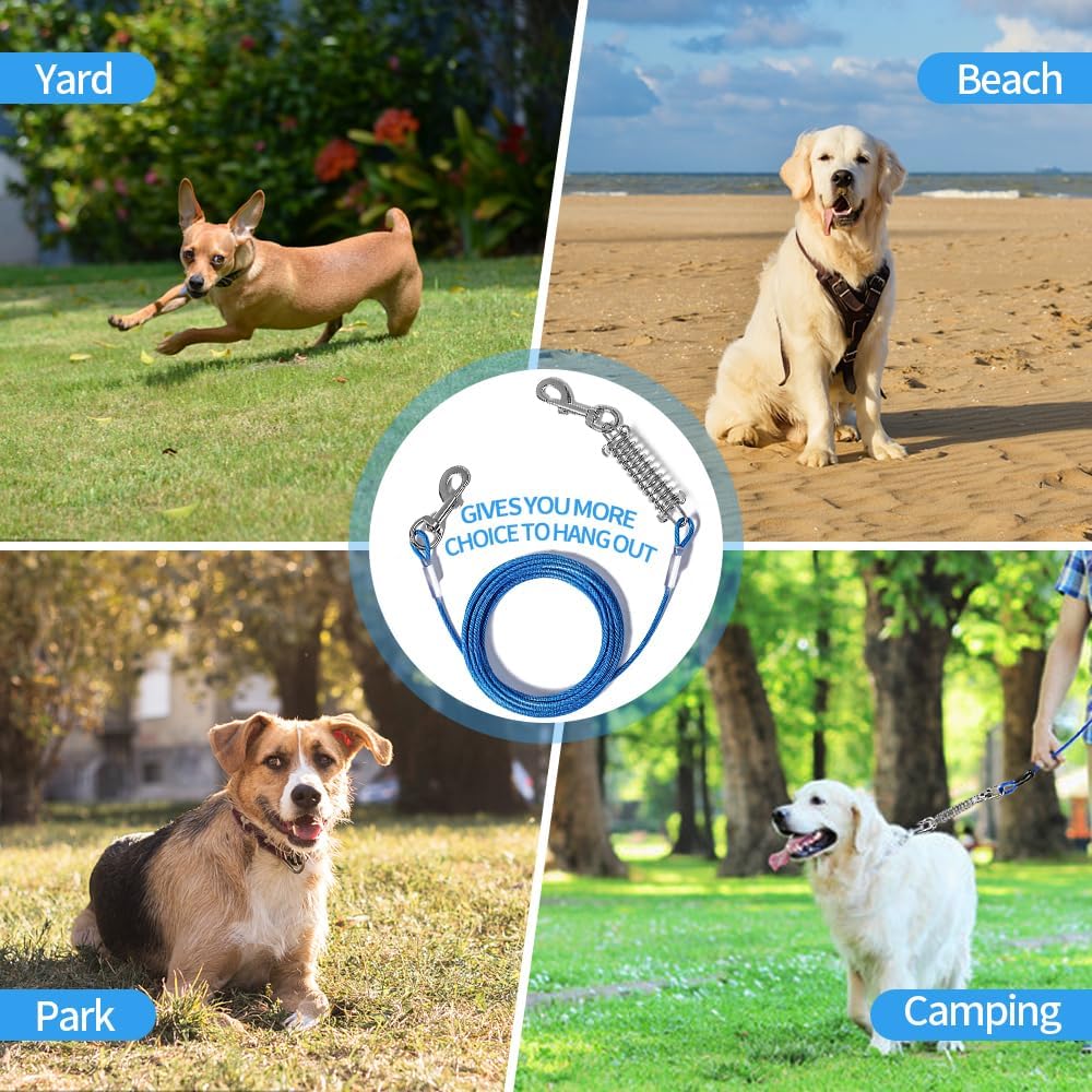 Mi Metty Dog Runner Tie Out Cable For Dogs Up To 250 Pound,Heavy Duty Leash Made Of Coated Wire Rope For Large And Medium Dogs,Cable Leashes With Soft Silicone Grip.Dog Chains【20 Feet Long-Blue】