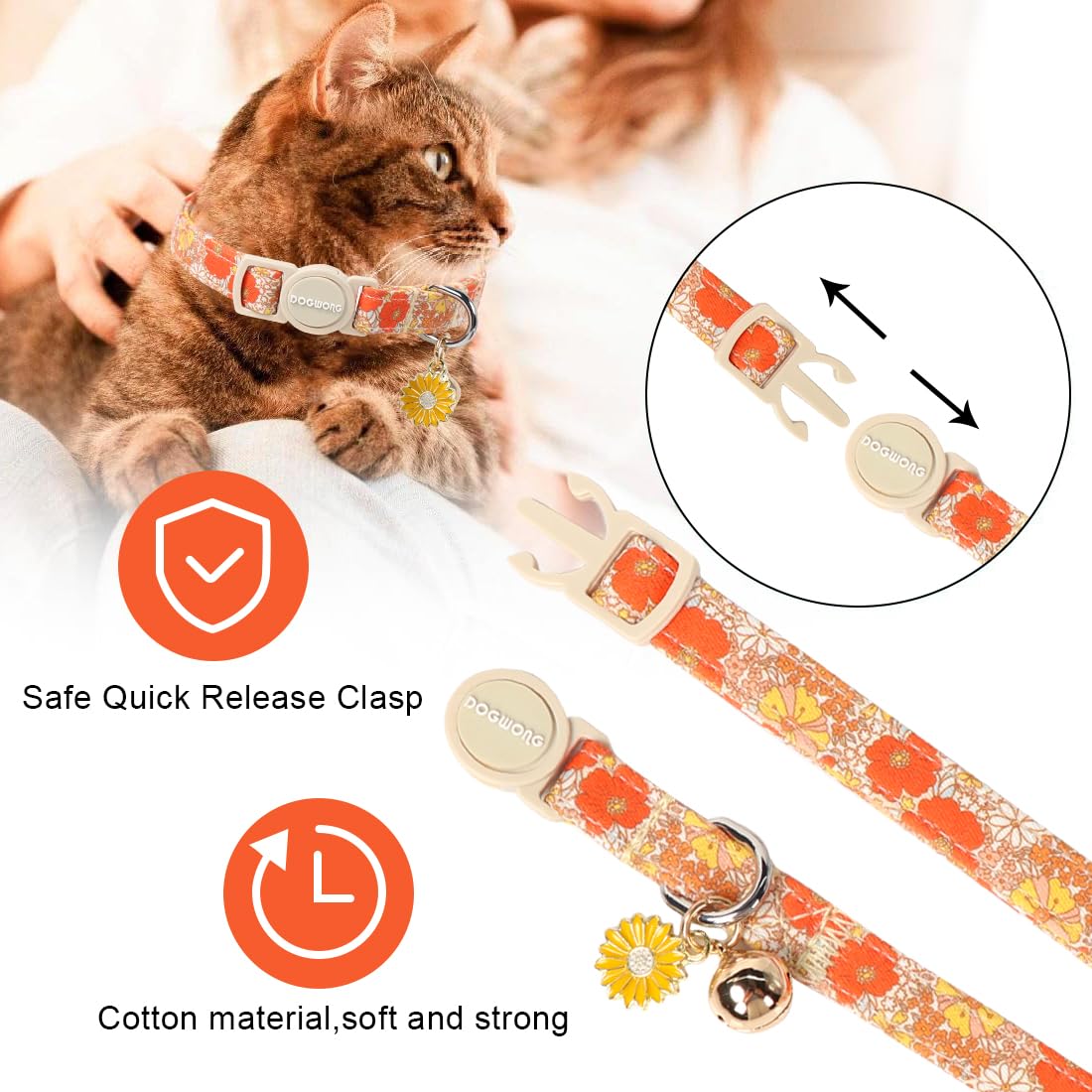2 Pack Flower Cat Collars Breakaway With Bell, Dogwong Safety Buckle Rose Floral Cute Cat Collar For Girl Boy Cats,Adjustable 7-