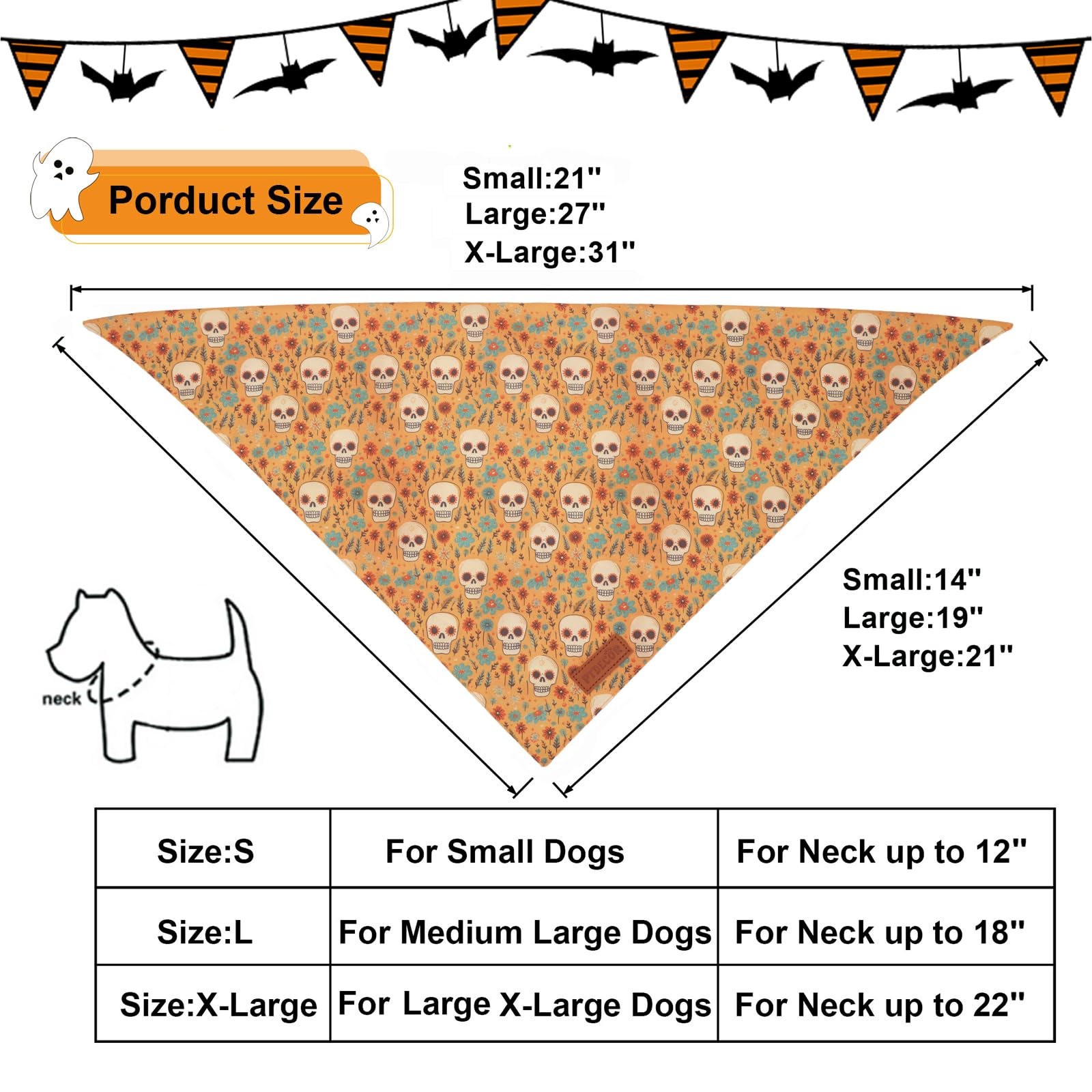 Ptdecor Halloween Dog Bandana, Skeleton Pumpkin Reversible Holiday Dog Scarf, Triangle Halloween Bandanas For Small Dogs Puppies