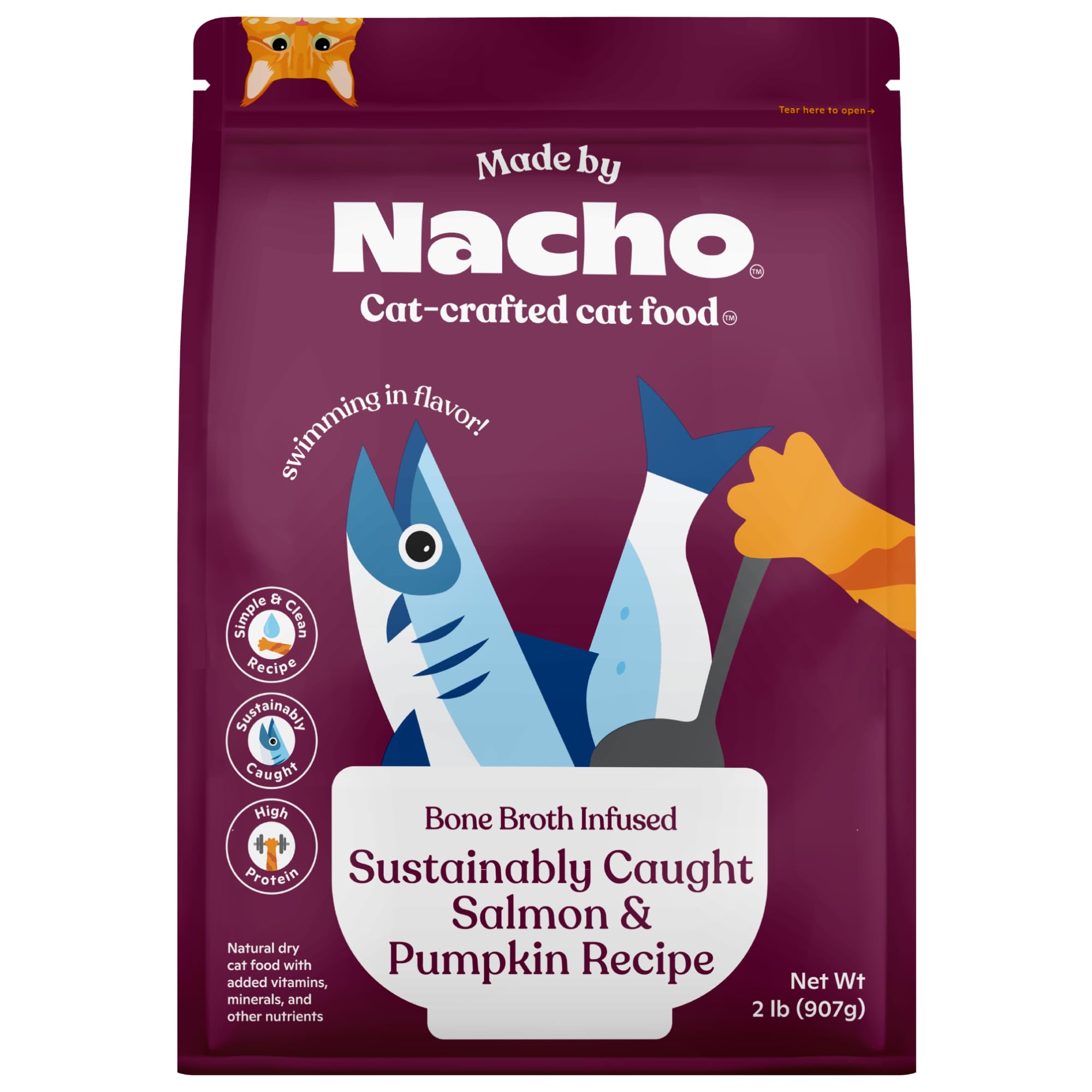 Made by Nacho Bone Broth Infused Dry Cat Kibble - Sustainably Caught Salmon and Pumpkin - Premium Grain-Friendly Cat Food 2lb Ba