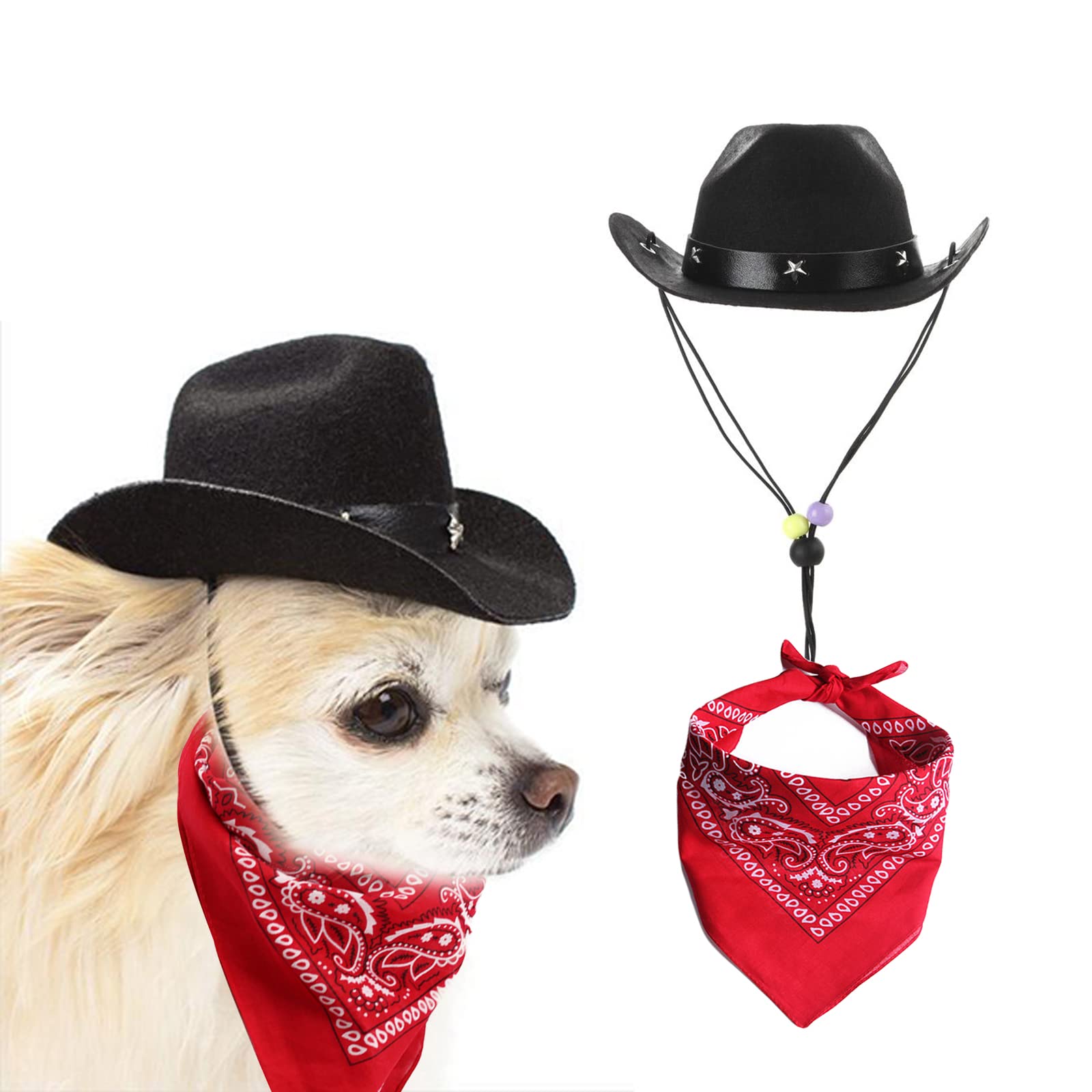 Awocan Dog Cowboy Hat And Bandana Scarf Dog Cat Sombrero Puppy Hat Dog Cat Costume Cosplay Cap Puppy Pet Dog Cat Holiday Pet Party Decoration (Black)