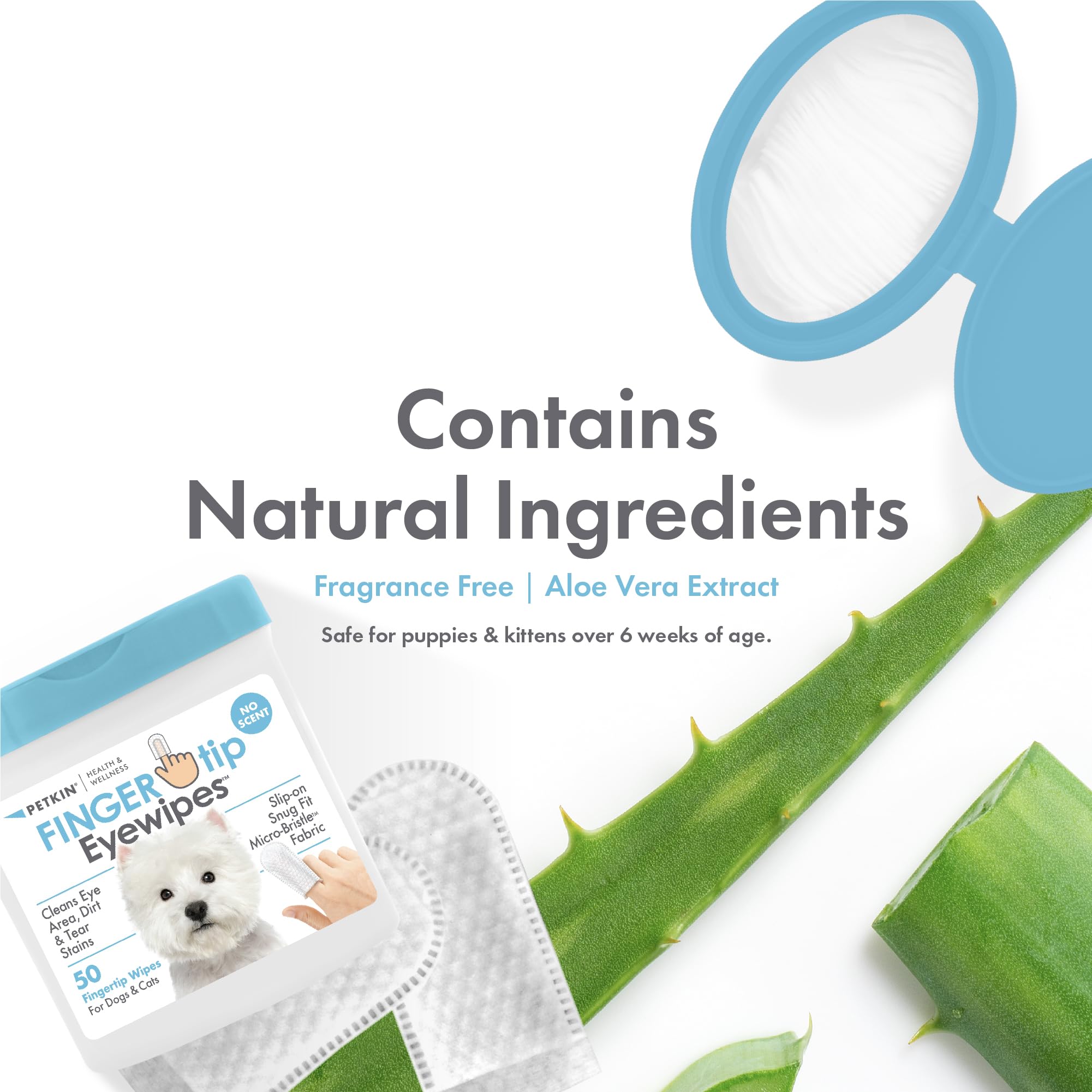 Petkin Fingertip Eye Wipes For Dogs And Cats, 50 Finger Wipes - Slip-On, Snug Fit, Micro-Bristle Fabric - Cleans Eye Area, Dirt