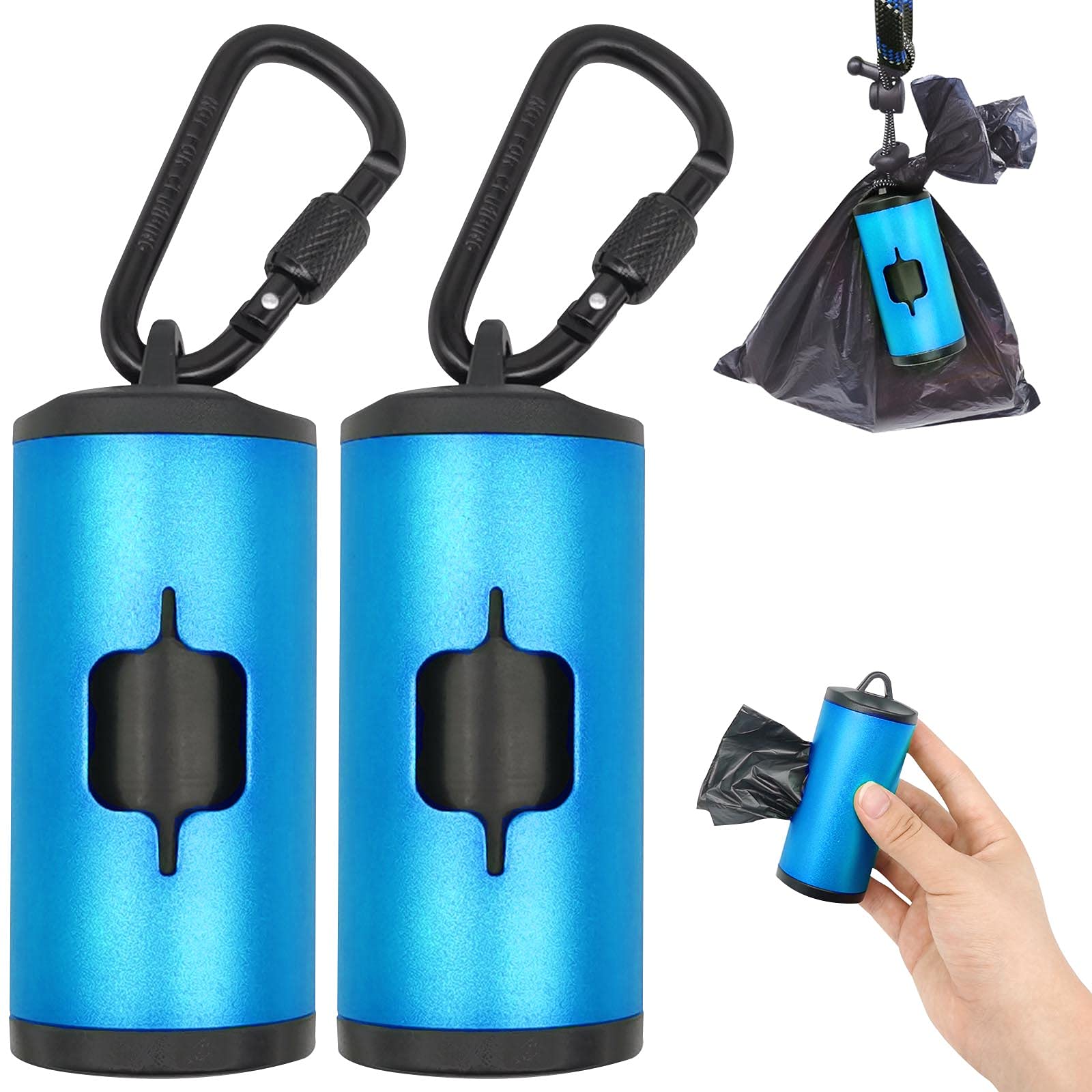 Metal Dog Poop Bags Holder|Aluminum Poop Bags Dispenser With 30 Black Pet Waste Bags 3 Leash Clasp And Elastic Rope