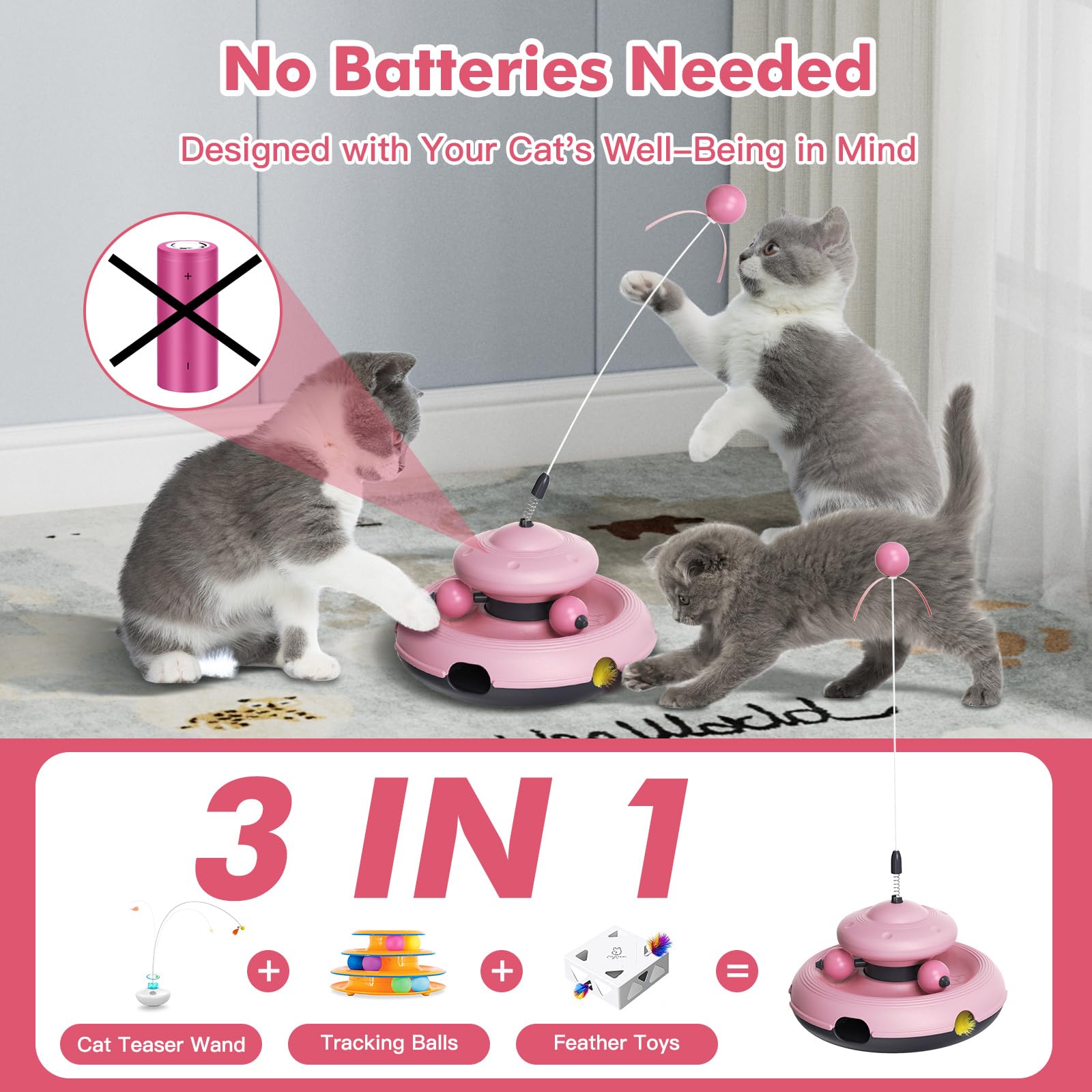 Judongju 3-In-1 Interactive Cat Toy For Indoor Cats - Exciting Teaser Wand, Ball Track, And Whack-A-Mole Game - No Batteries Nee