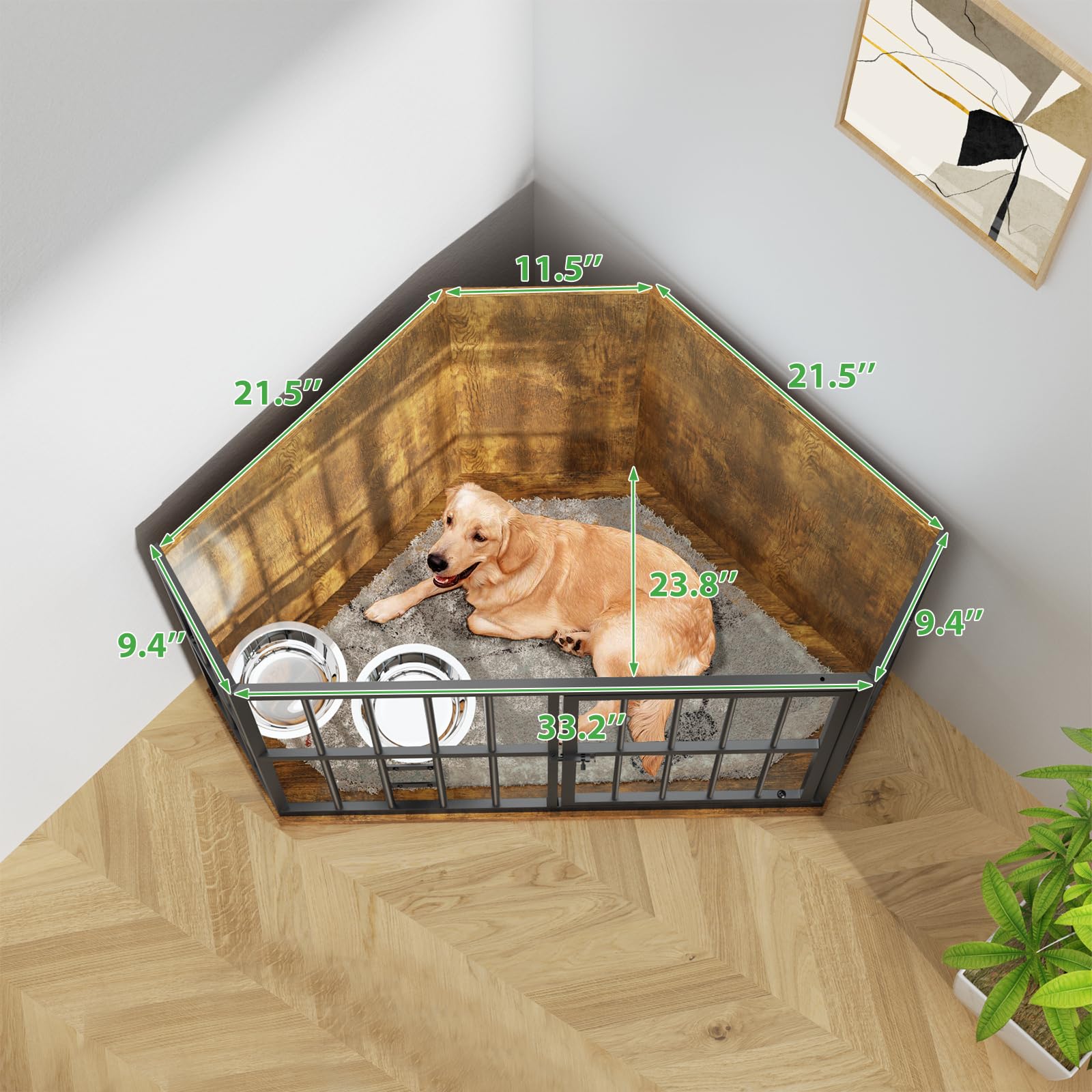MODCART Medium Dog Crate - 42” Heavy Duty Wooden Furniture, Brown, Chew-Resistant, Includes 2 Stainless Steel Bowls, Model S-4BC200519B
