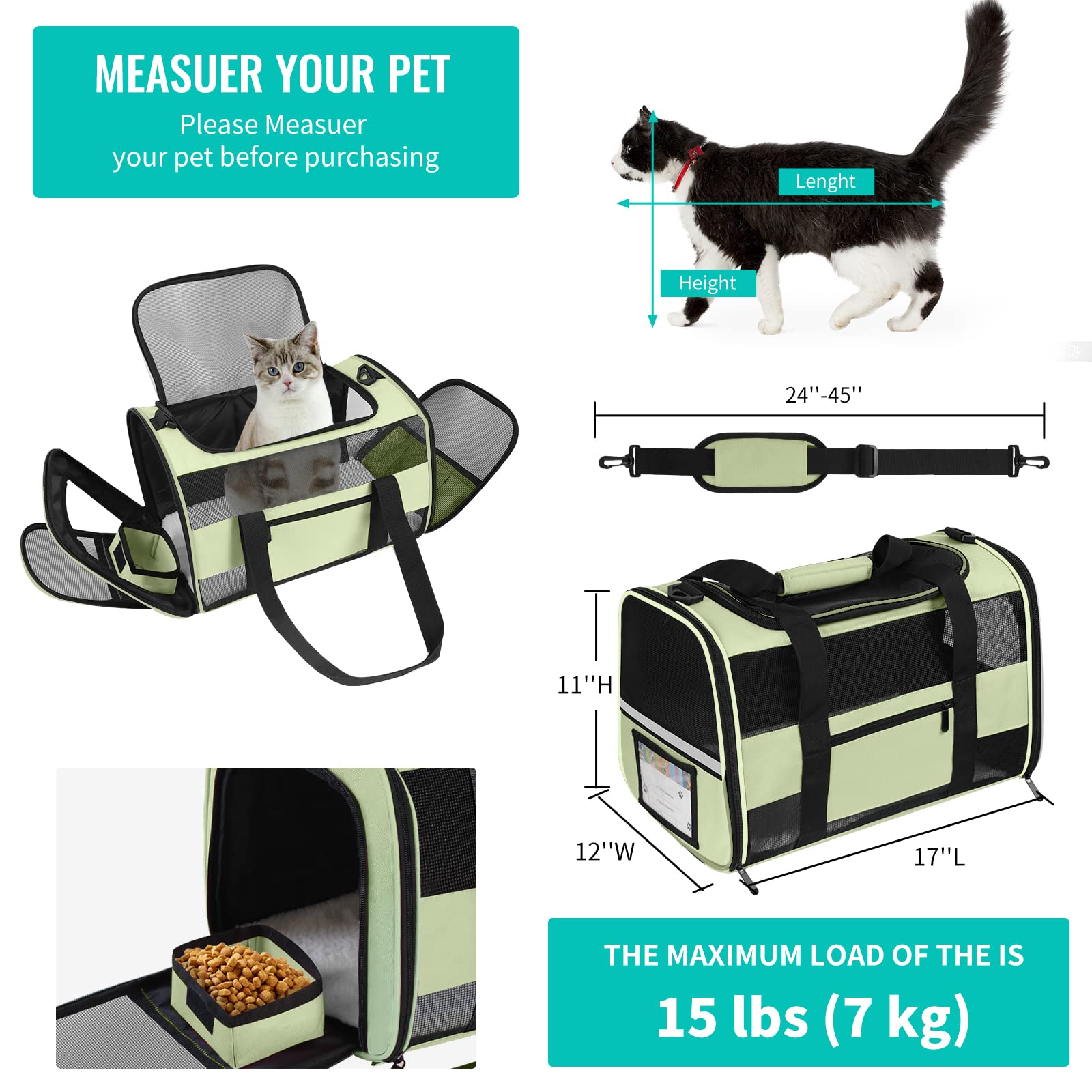 CUSSIOU Cat Carrier Pet Dog Carriers TSA Airline Approved for Cats Dogs Under 15 lbs, Collapsible Soft Sided Cat Carrier Dog Tra