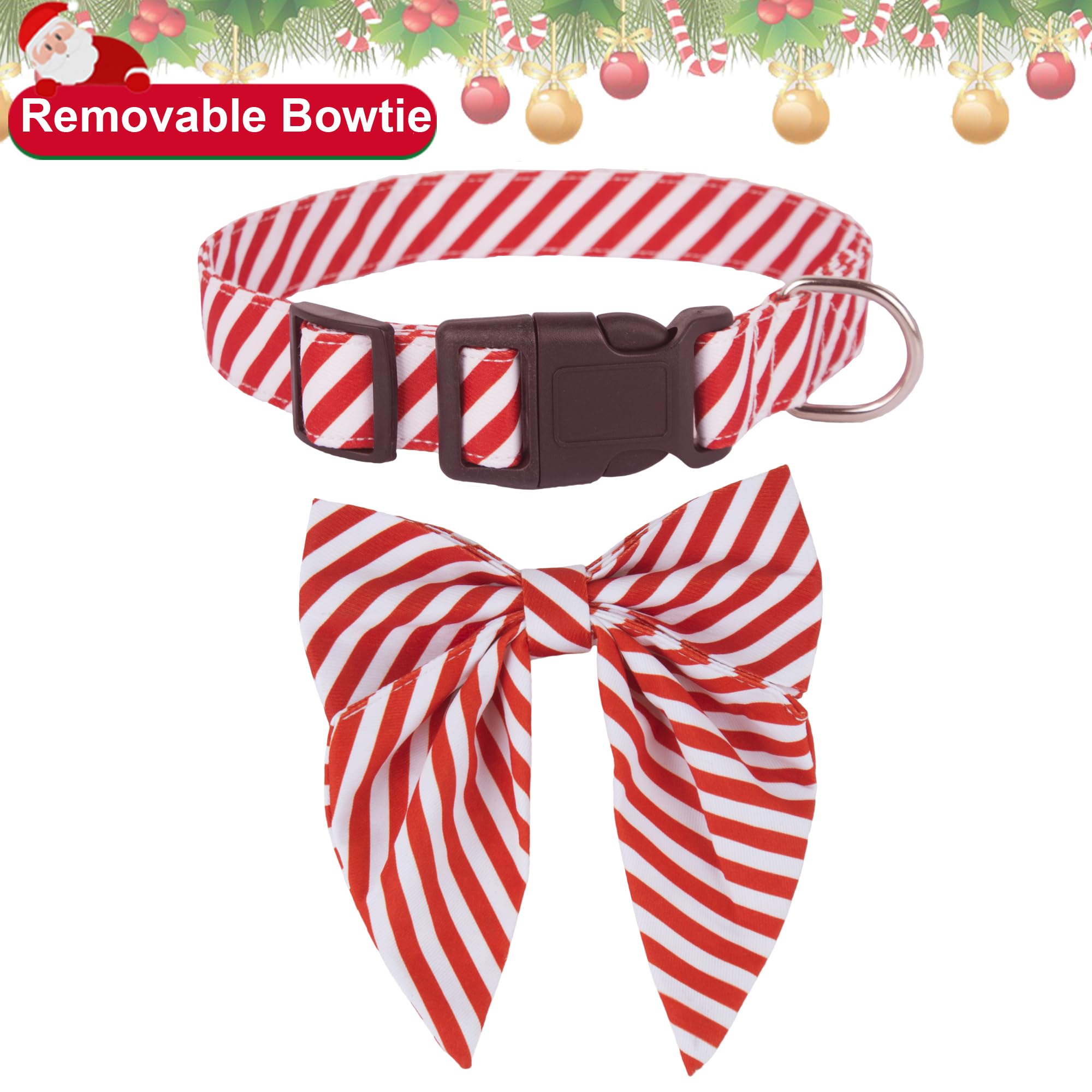 Adoggygo Christmas Dog Collar With Bow, Adjustable Cotton Stripe Bowtie Dog Christmas Collars For Small Medium Large Dogs Pets (Large, Red & White)