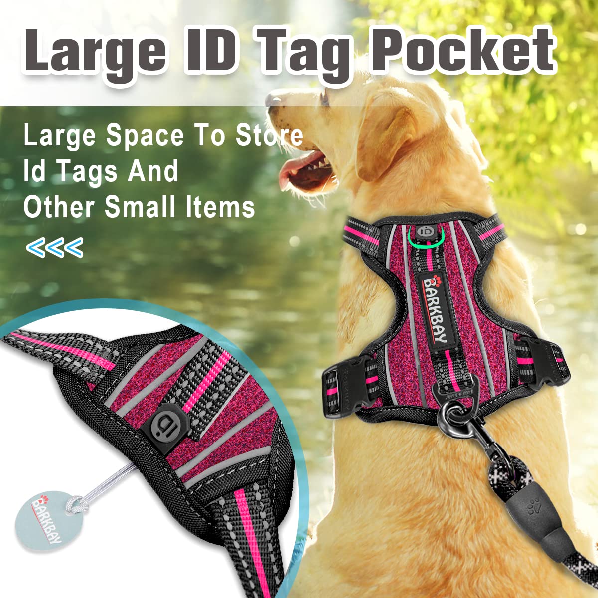 Barkbay No Pull Dog Harness Front Clip Heavy Duty Reflective Easy Control Handle For Large Dog Walking With Id Tag Pocket(Pink/Black,Xl)