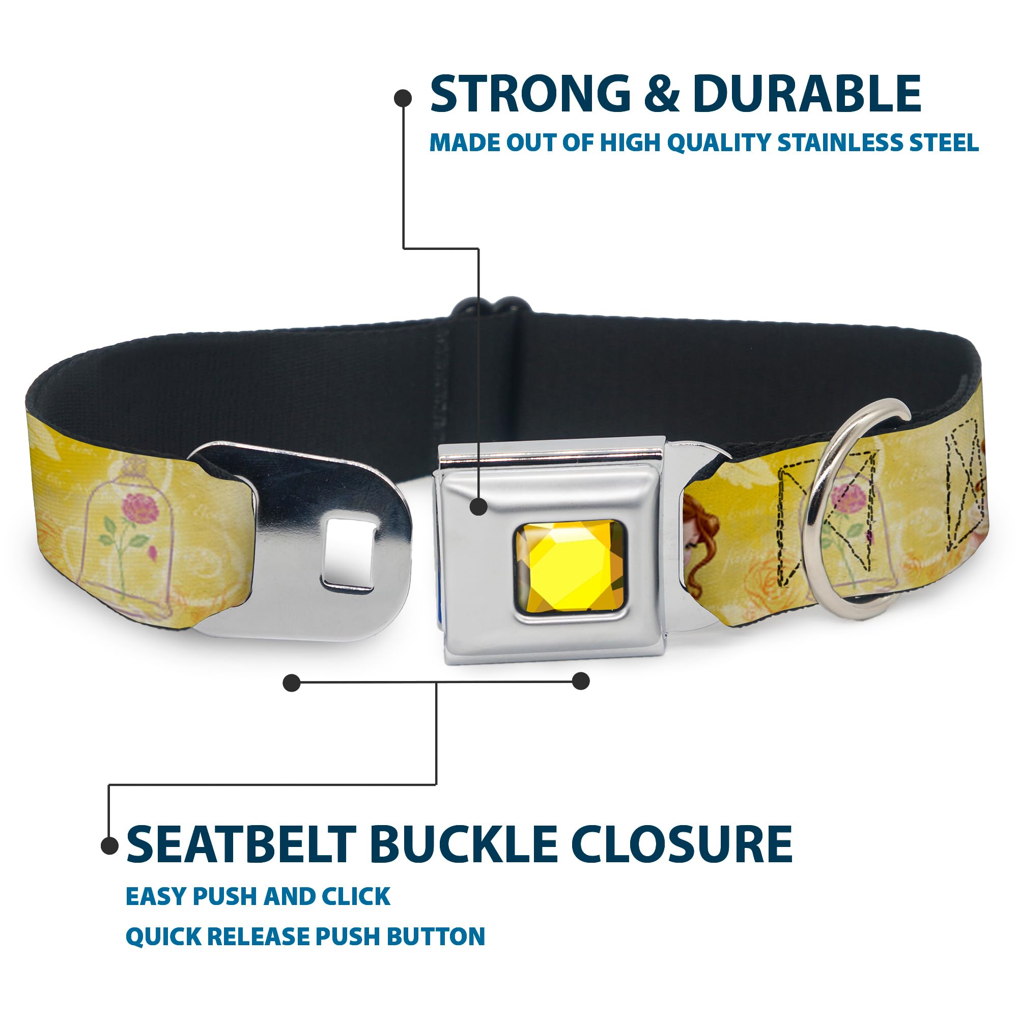 Buckle-Down Seatbelt Buckle Dog Collar - Belle Poses/Enchanted Rose/Story Script Yellow/Pinks - 1.5' Wide - Fits 18-32' Neck -