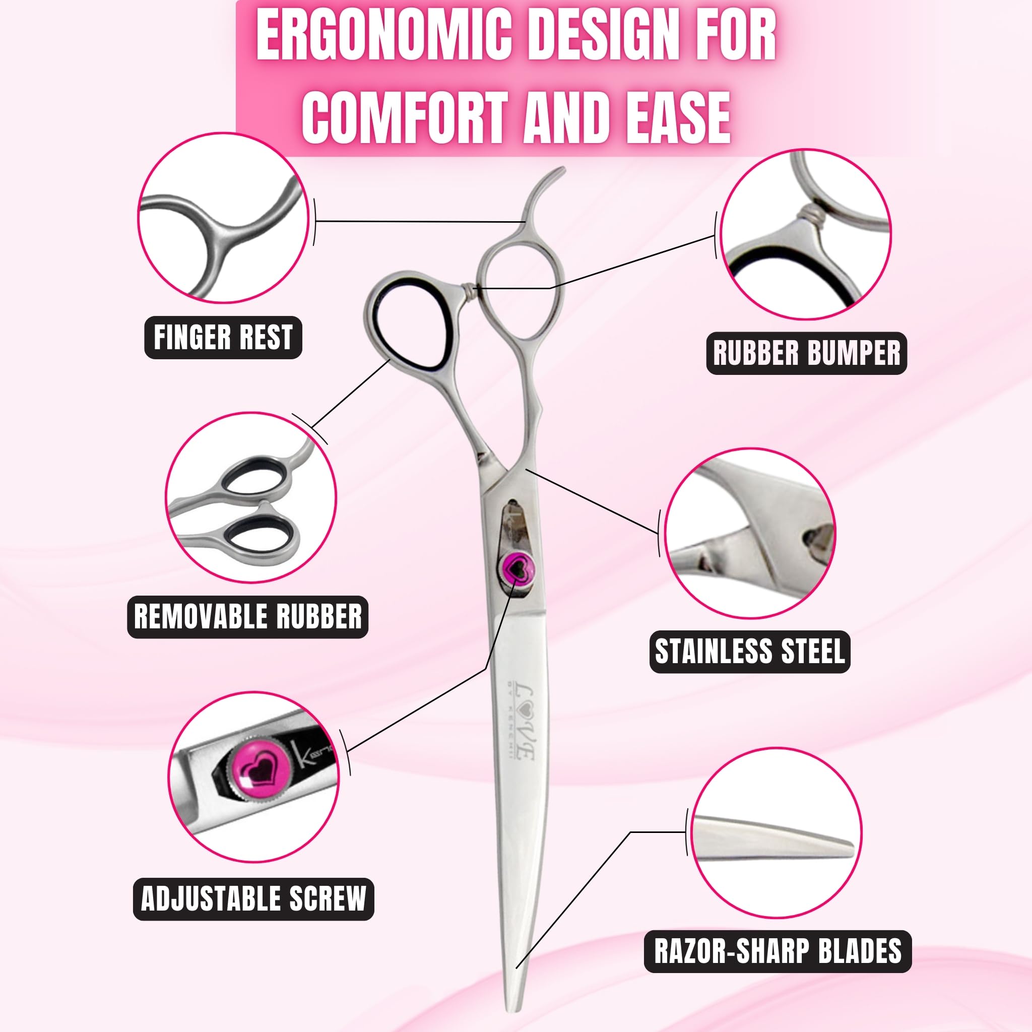 Kenchii Left Handed Dog Grooming Scissors | 8 Inch Shears | Curved Scissors for Dog Grooming | Love Collection Dog Shears | Pet