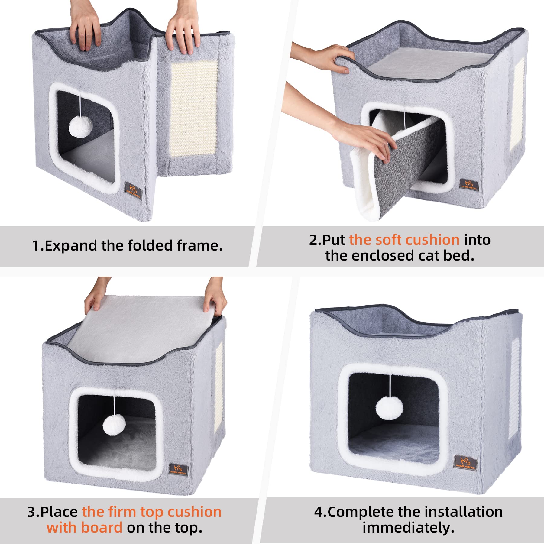 Miss Meow Cat Bed For Indoor Cats,Medium Large Cats Cave Bed,Machine Washable Slip Resistant Bottom,Ultra Soft Plush Cushion (Gray Fleece House)