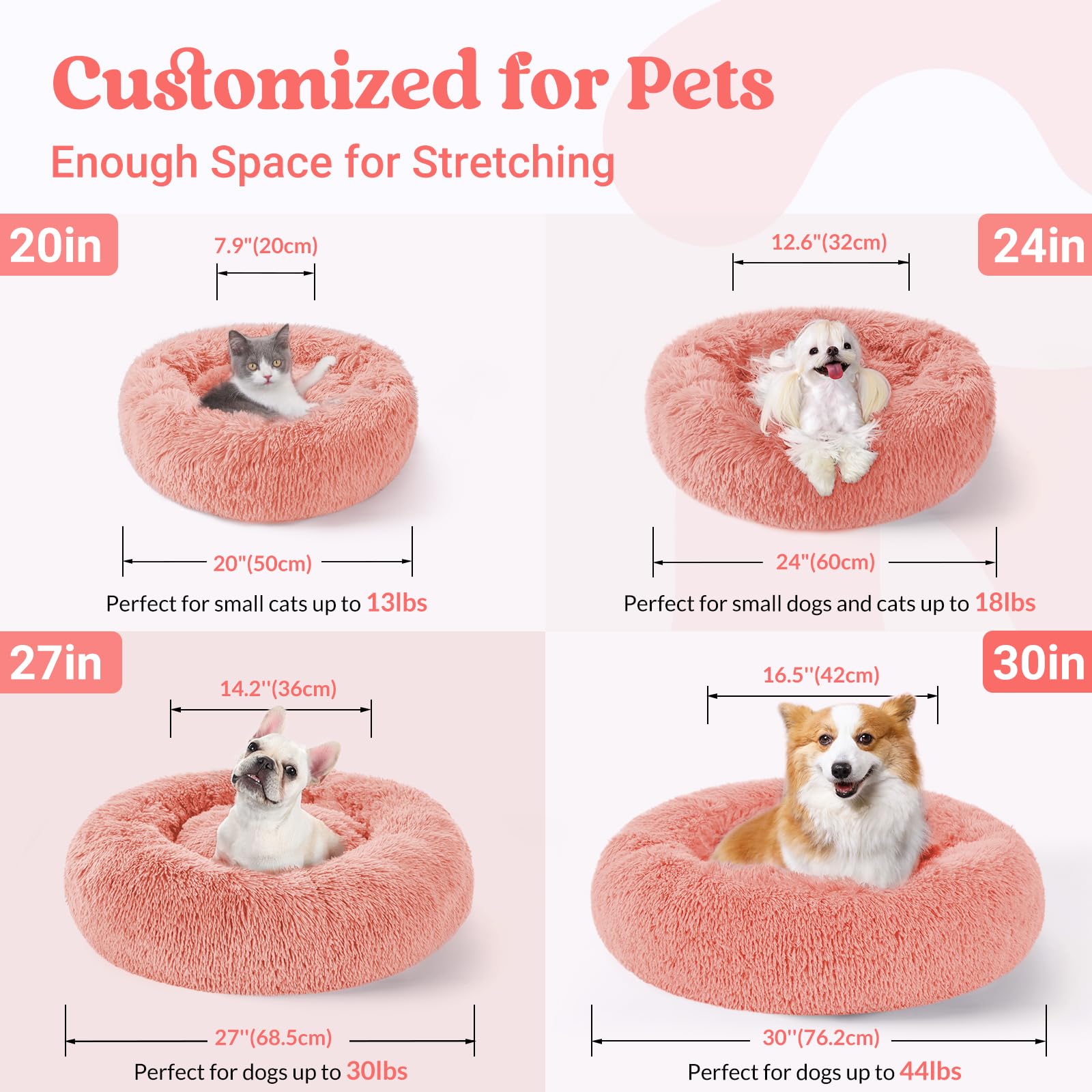 Rabbitgoo Cat Beds For Indoor Cats, 24 Inches Cat Bed Machine Washable, Fluffy Round Pet Bed Non-Slip, Calming Soft Plush Donut Cuddler Cushion Self Warming For Small Dogs Kittens, Pink, Large