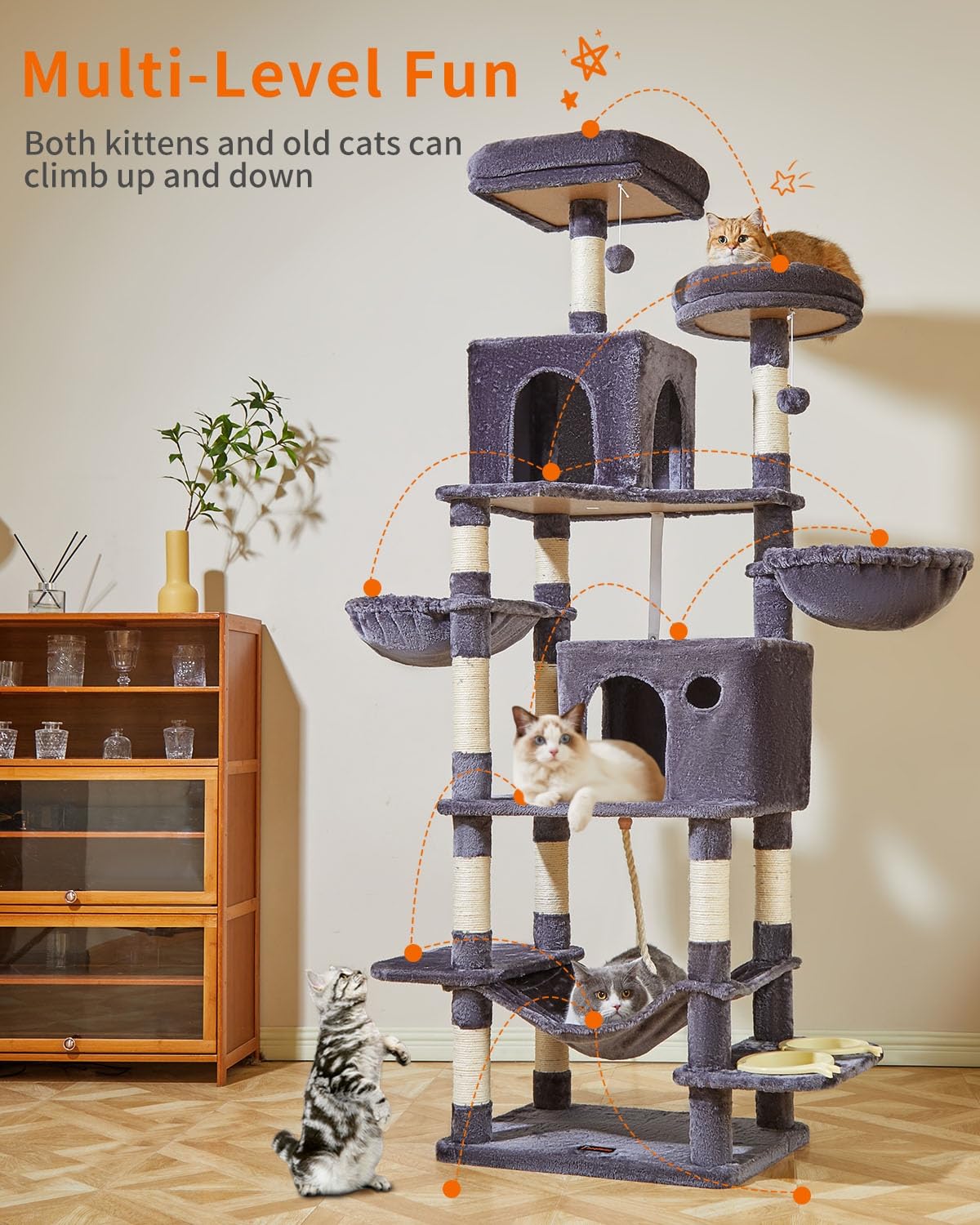 Taoqimiao 76-Inch Cat Tree Cat Tower For Indoor Cats, Plush Multi-Level Cat Condo With 12 Scratching Posts, 2 Perches, 2 Caves,