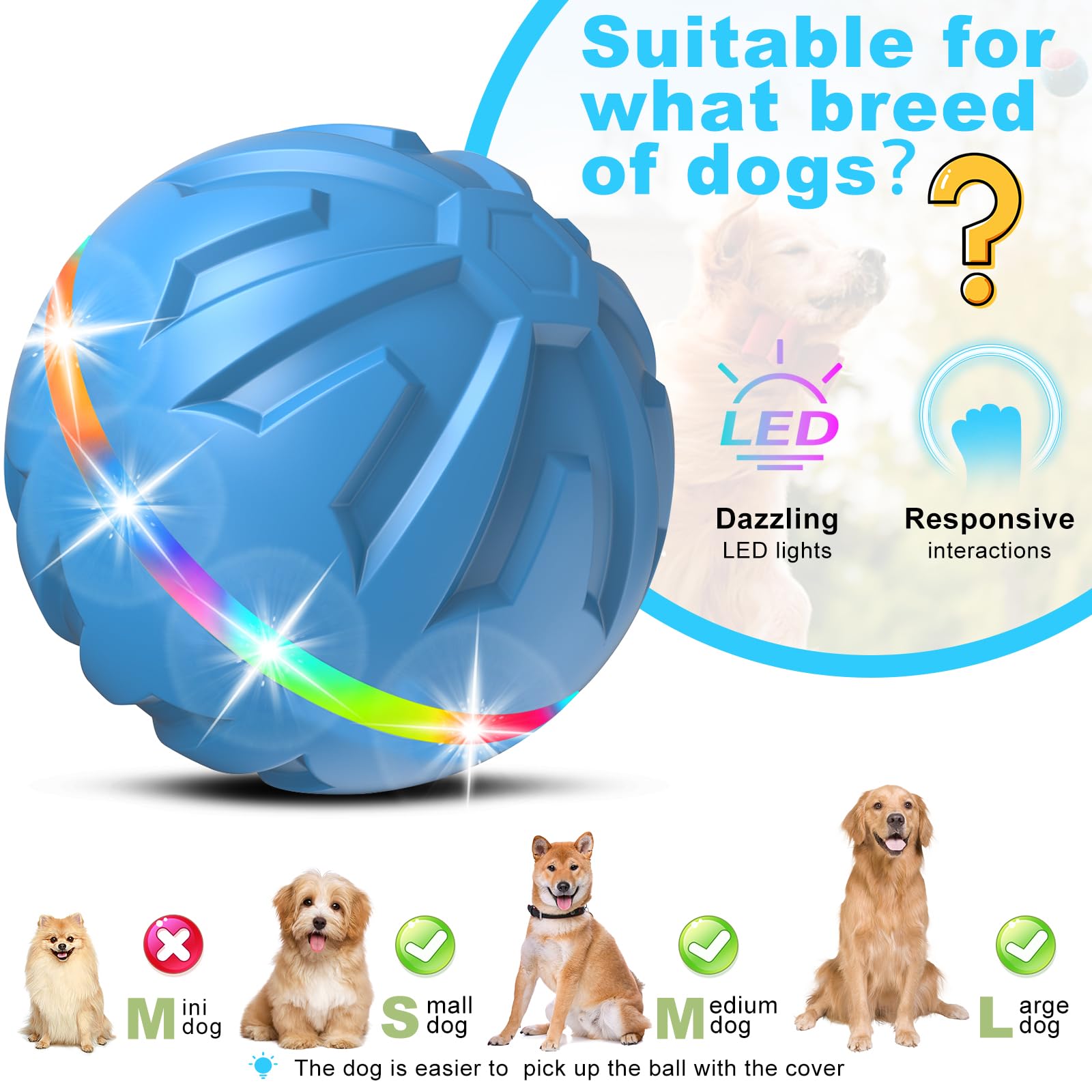 Bolpetizo Interactive Dog Ball - Durable Rubber Toy with LED Light, USB Rechargeable, 3.2" Diameter, Blue for Medium/Large Dogs