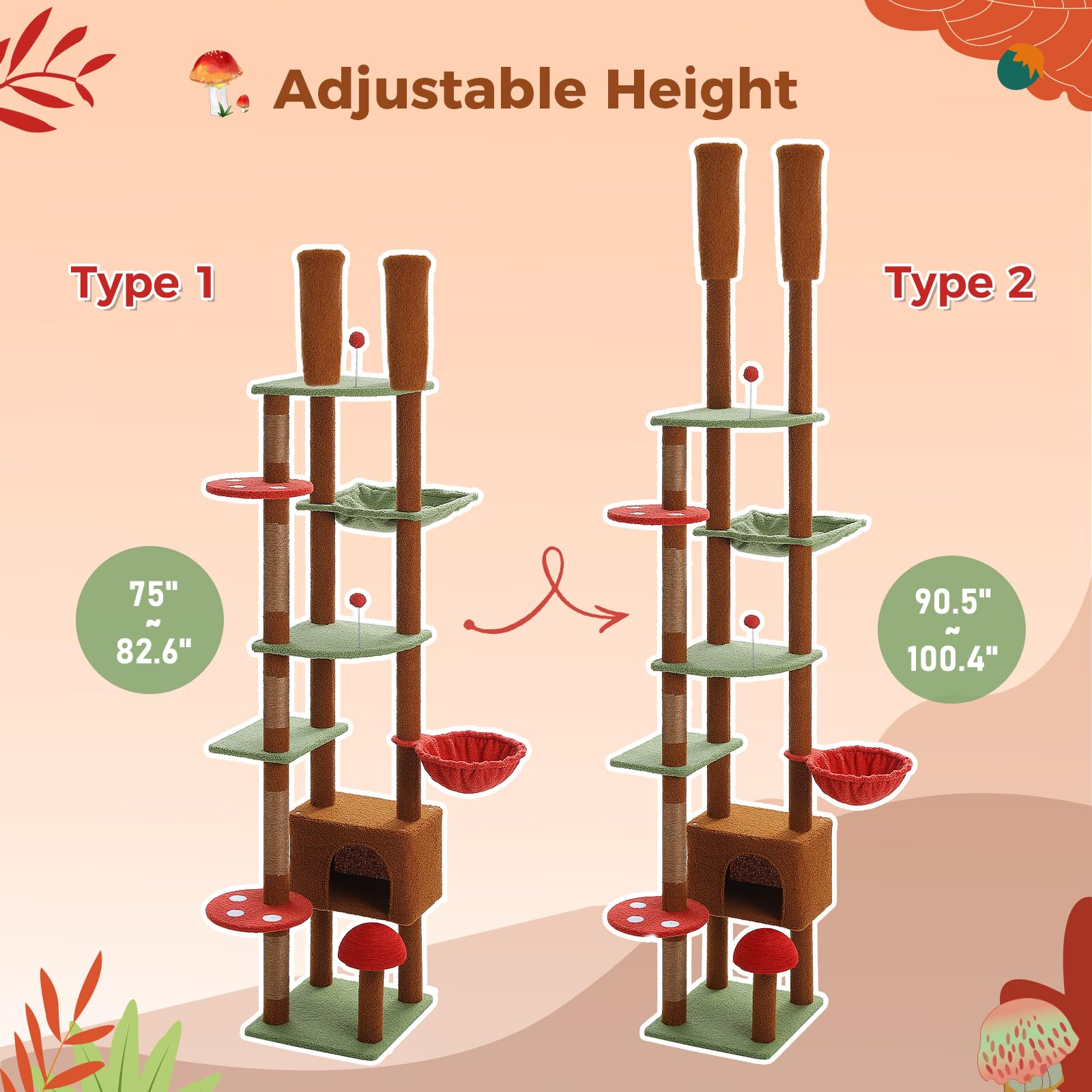 Pequlti Mushroom Cat Tree Floor To Ceiling Cat Tower Adjustable Height (90.5''-100.4'' = 230Cm-252Cm) With Cat Condo, Cozy Hammo