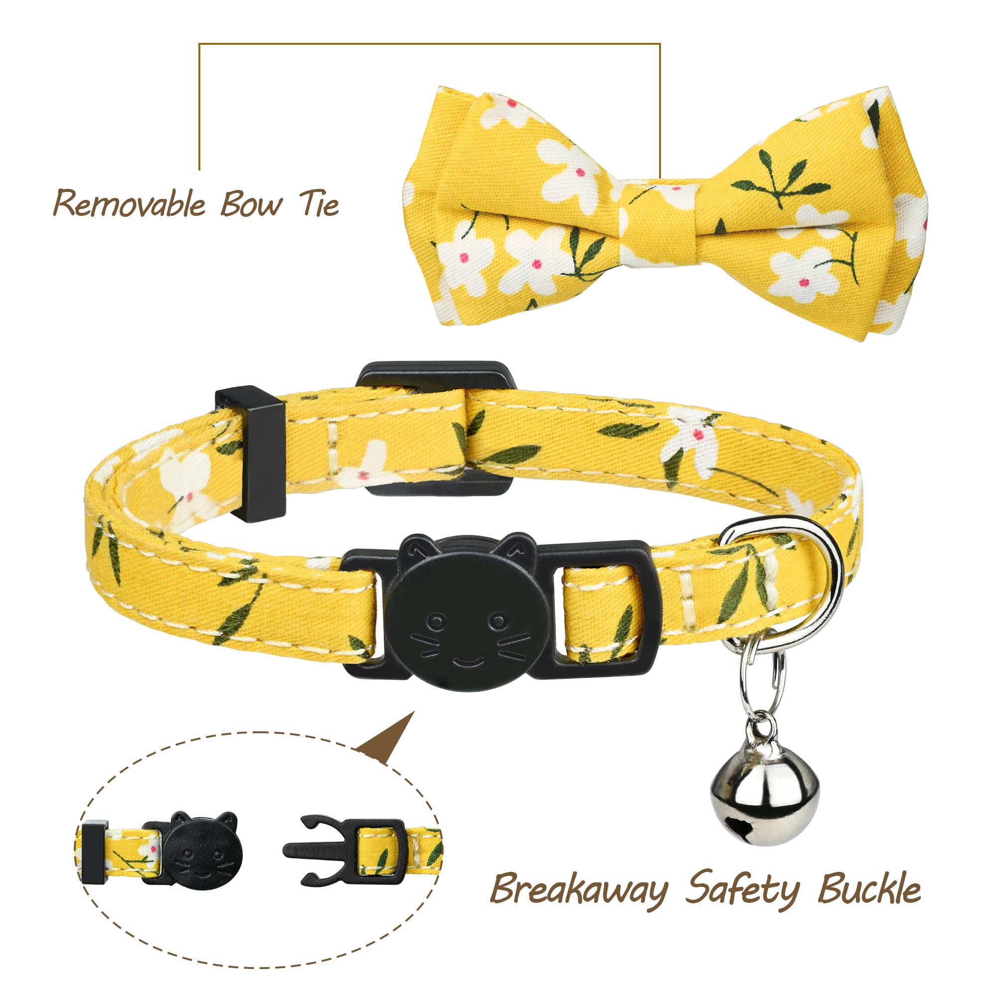 G-Ficu 2 Pack Cat Collar Breakaway With Cute Bow Tie Bell Charm, Flower Plaid Collars For Girl Boy Cats Kittens With Adjustable