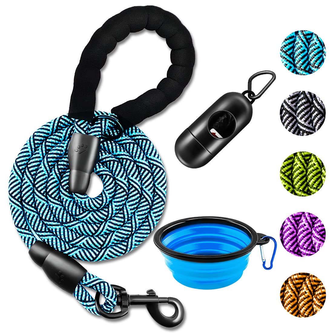 Doyoo 1 Dog Leash 5Ft/6 Ft Thick Durable Nylon Dog Rope-Comfortable Padded Handle Reflective Rope Dog Leash For Medium Large Dogs With Collapsible Pet Bowl And Garbage Bags (Flower Blue1/2 X6Ft )