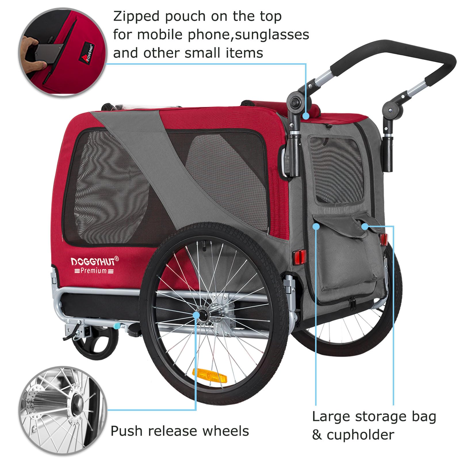 Doggyhut Premium Pet Bike Trailer & Stroller For Small,Medium Or Large Dogs,Bicycle Trailer For Dogs Up To 100 Lbs (Red, Xl)