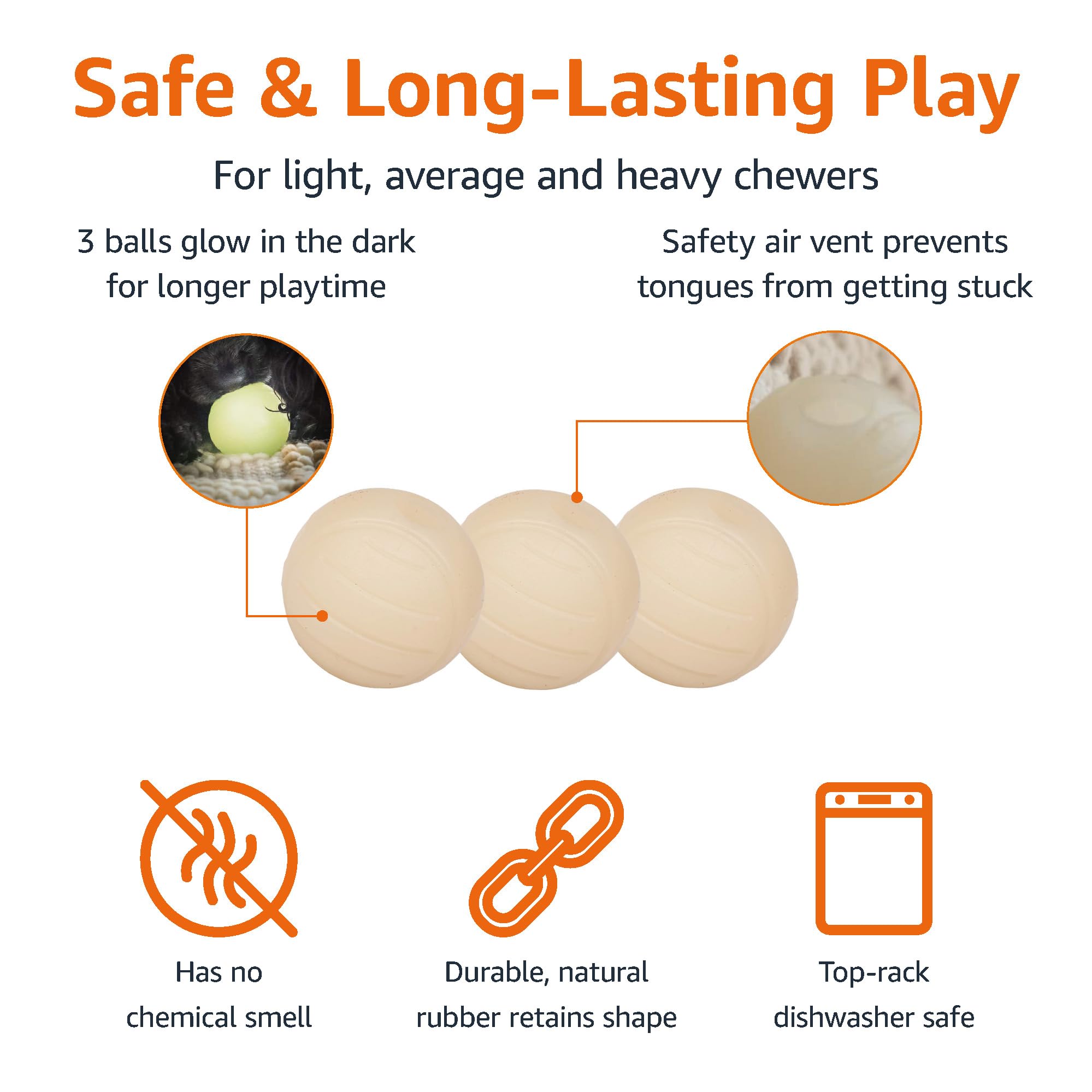 Amazon Basics Dog Toys, Interactive Glow Rubber Balls, (Pack Of 3), 2.5 Inch, Beige