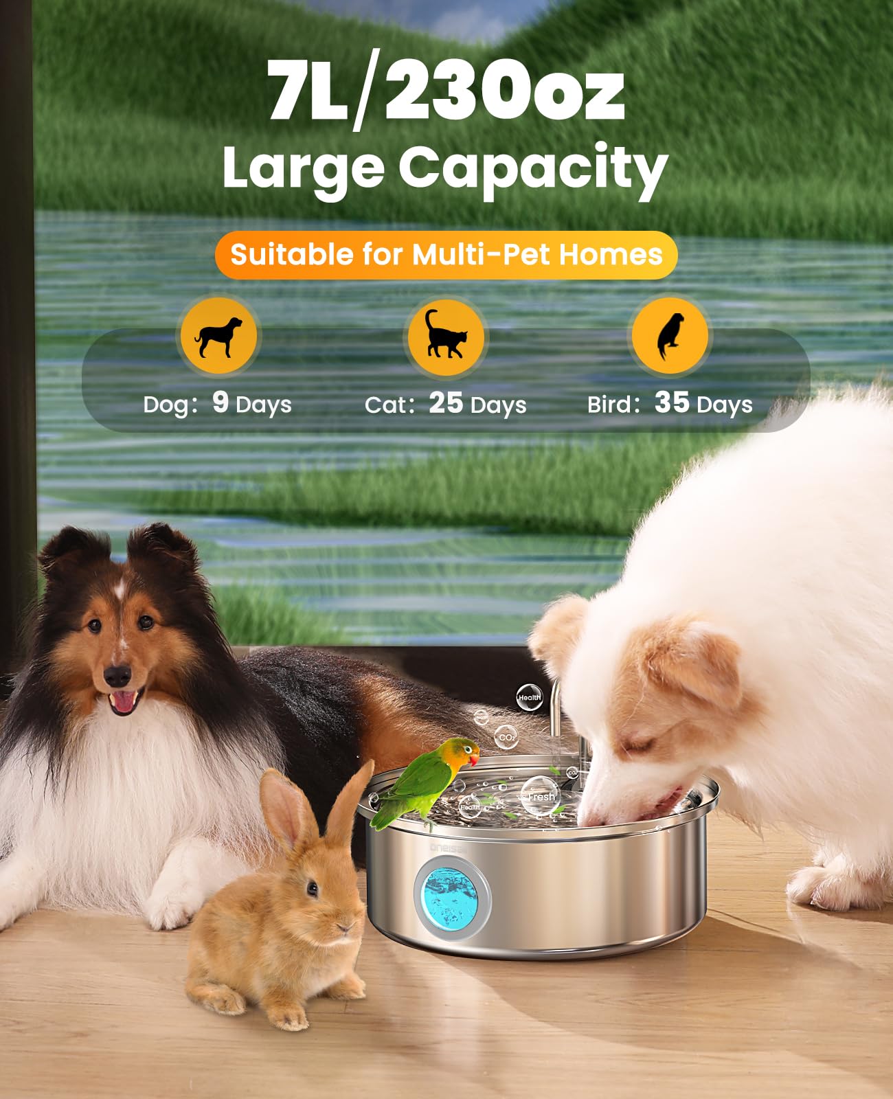 Oneisall Dog Water Fountain, 7L/230Oz/1.8G Quiet Dog Fountain Water Bowl, Stainless Steel Dog Water Fountain With Visual Water Level&Triple Filtration For Large Medium Small Breed Dogs Pets