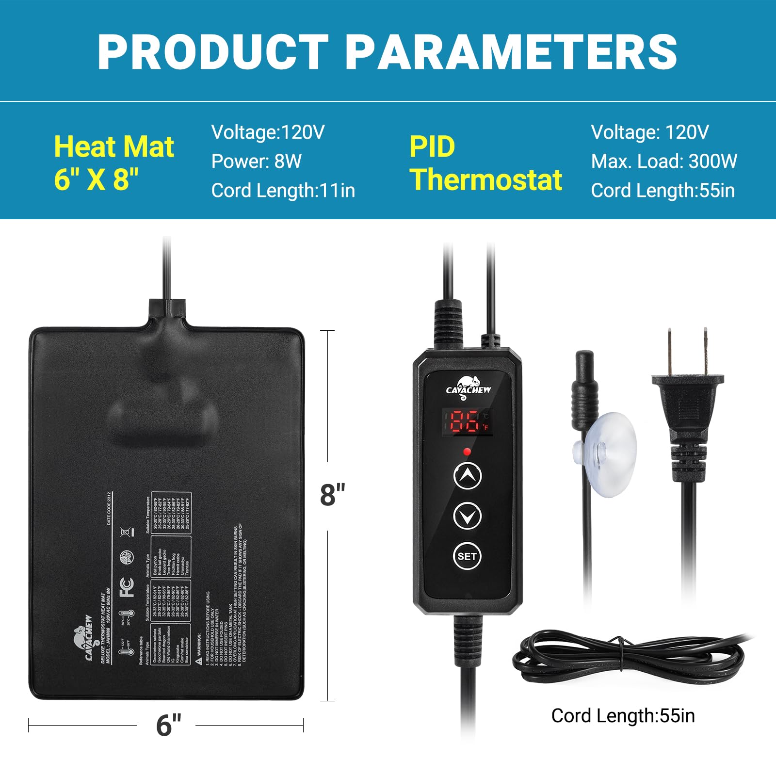 Cavachew Reptile Heat Pad With Dimming Thermostat, 6'' X 8'' 8W Heating Pad Combo Set For 10-20 Gallon Reptile Tank, Under Tank
