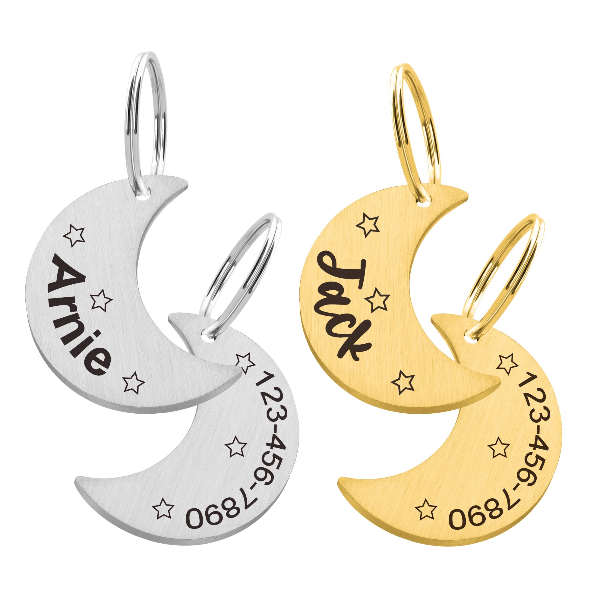 Custom Moon Pet Tag Id, Personalized Stainless Steel Cute Shiny Bling Stars Collar Tag Lost Boy & Girl Dogs Puppies Cats & Ring Engraved Sos Customizable With Owner Information Name, Phone, Address
