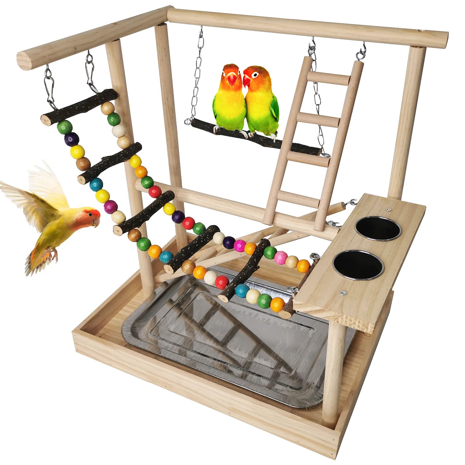 Hamiledyi Parrots Playground Bird Play Gym Wood Perch Stand Colours Climb Ladders Swing Chewing Toys With Parakeet Feeding Cups Exercise Activity Center For Conure Cockatiel Lovebirds(Include A Tray)