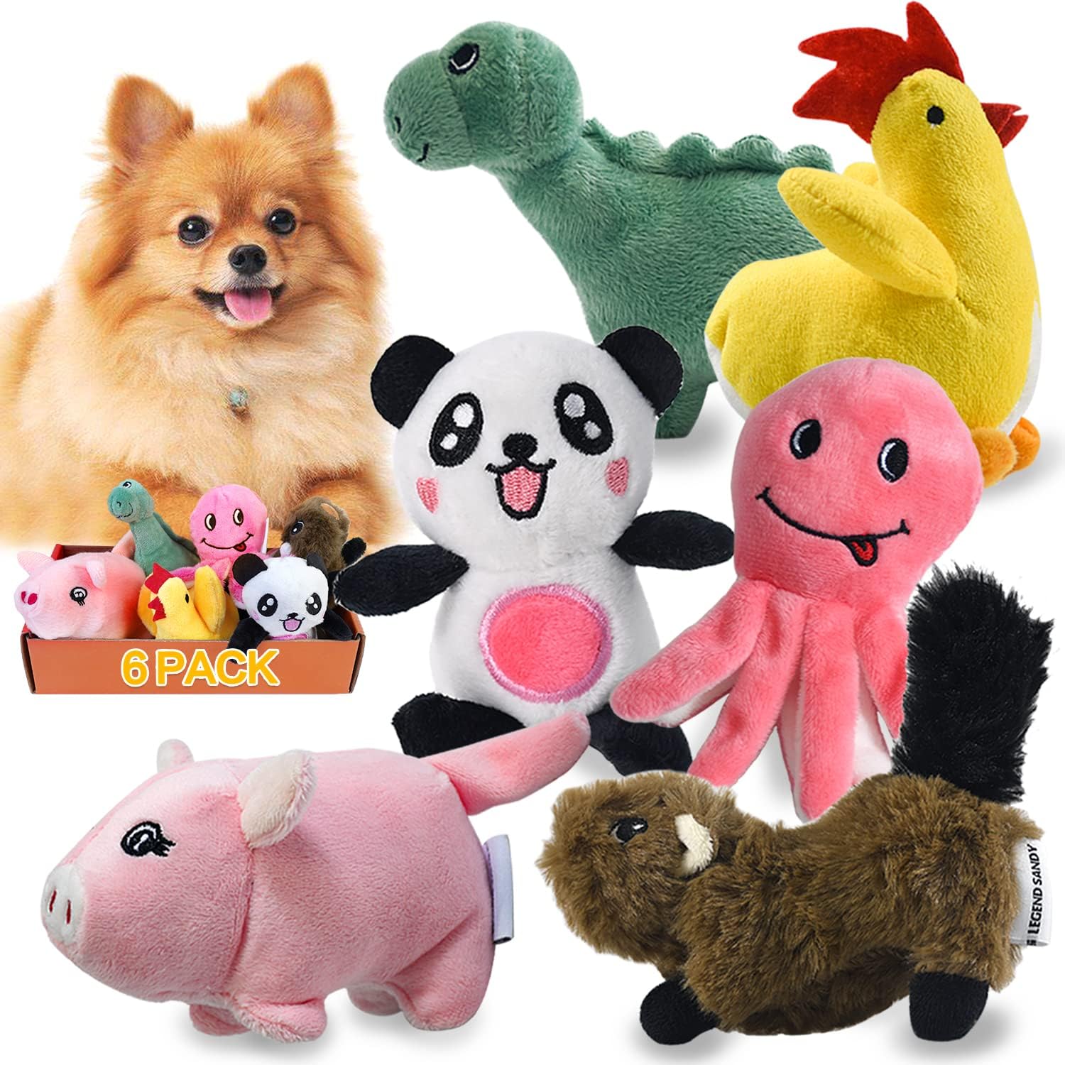 LEGEND SANDY Plush Dog Toy Pack - 6 Squeaky Stuffed Chew Toys for Small Medium Dogs