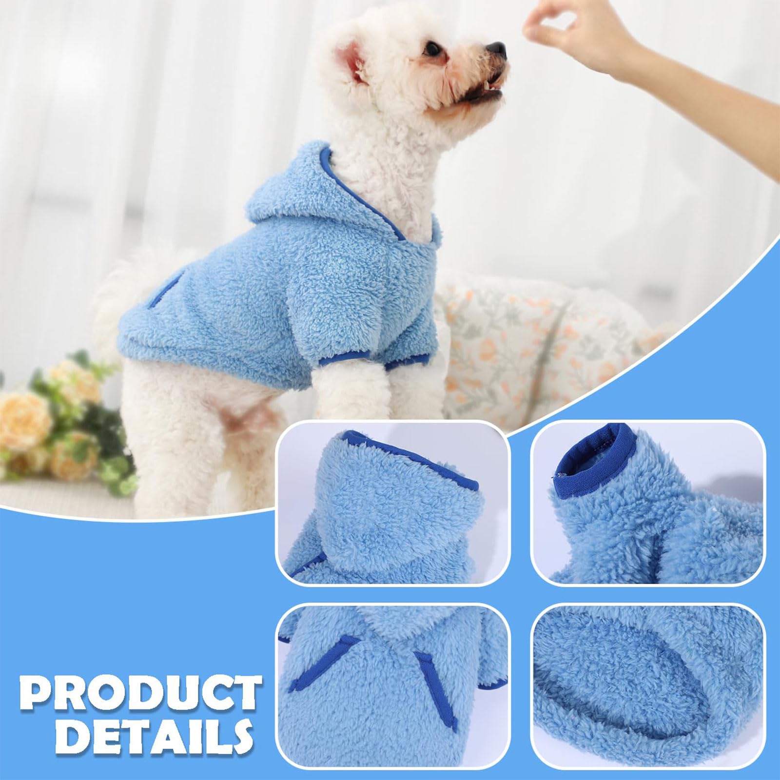Fleece Dog Sweater Hoodie Sweatshirts Warm Fuzzy Velvet Sweaters Winter Clothes For Small Dogs Girl Boy Pet Coats Cat Apparel(Bl
