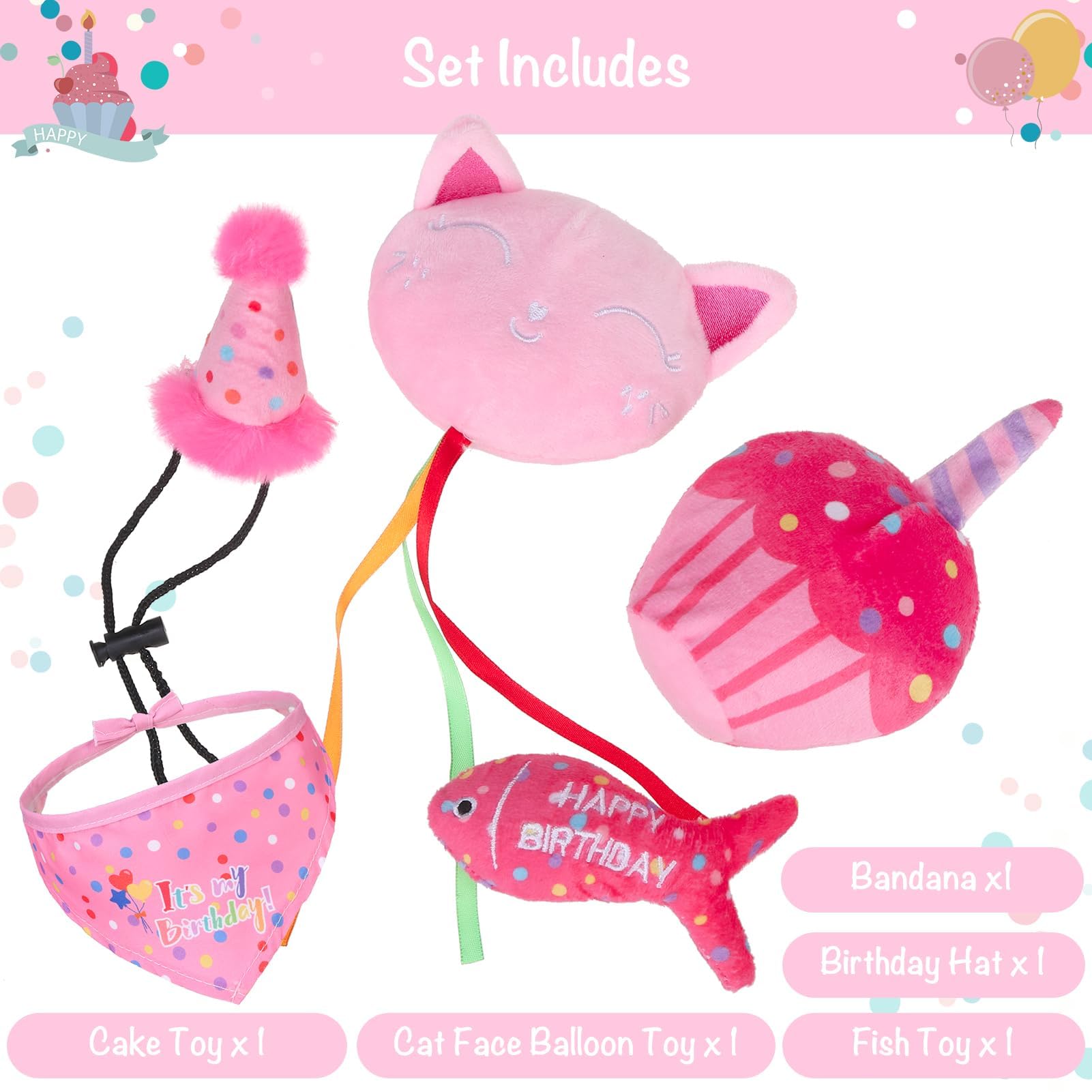 Bingpet Catnip Toys For Indoor Cats, Cat Birthday Hat And Interactive Plush Kitten Chew Toys - Cute Cake, Fish, Balloon Toys Wit