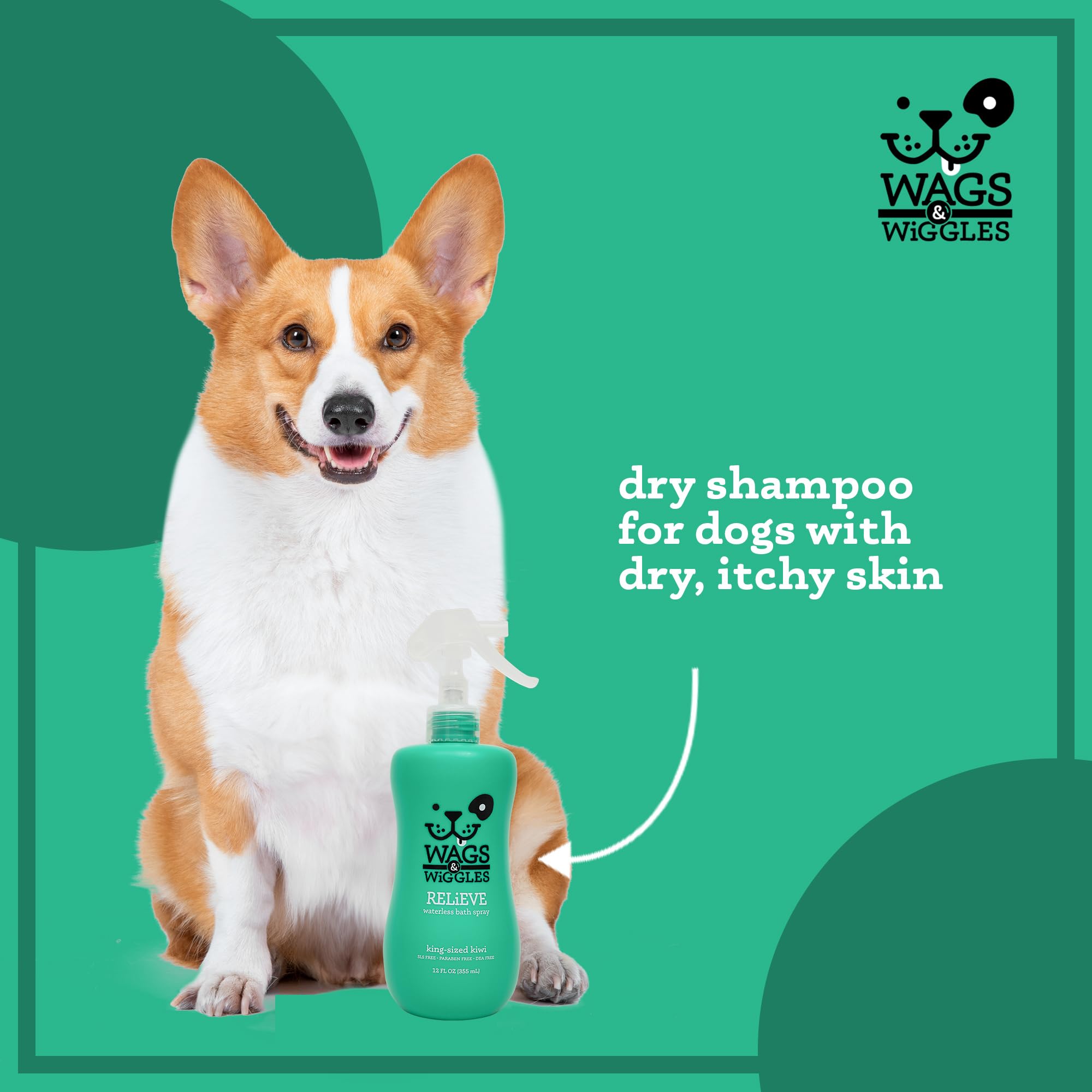 Wags & Wiggles Relieve Dog Anti-Itch Spray, Kiwi Scent - Waterless Dry Shampoo for Dogs With Dry, Itchy, Or Sensitive Skin - Fru