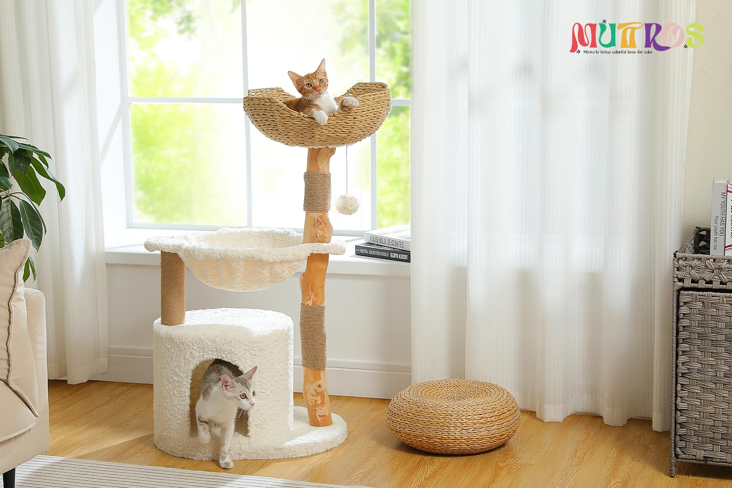 Muttros Modern Cat Tree For Large Cats, Wood Cat Tower For Indoor Cats, Real Branch Luxury Cat Furniture With Super Large Cozy C