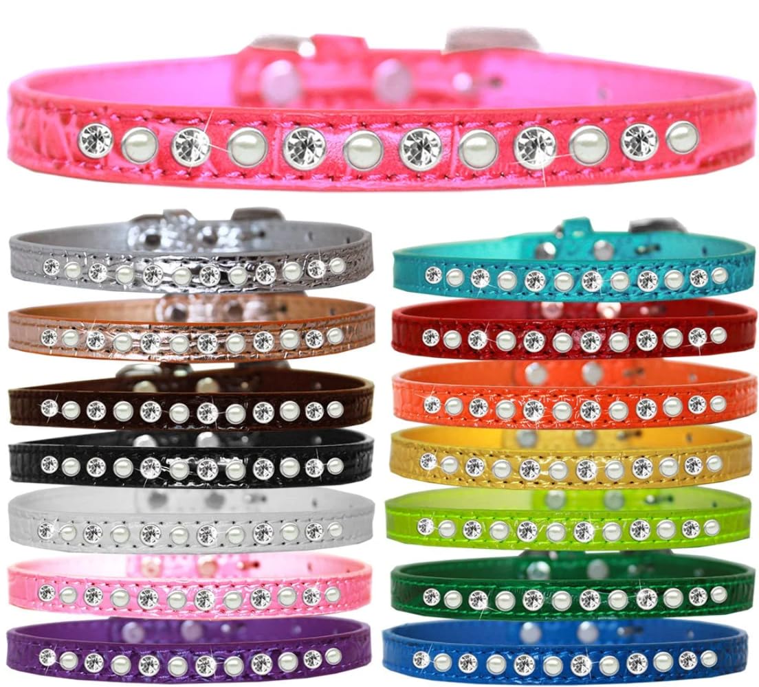 Dog, Puppy and Pet Designer Croc Collar, &quot;One Row Pearl & Clear Crystals Rimsets&quot; Yellow 12