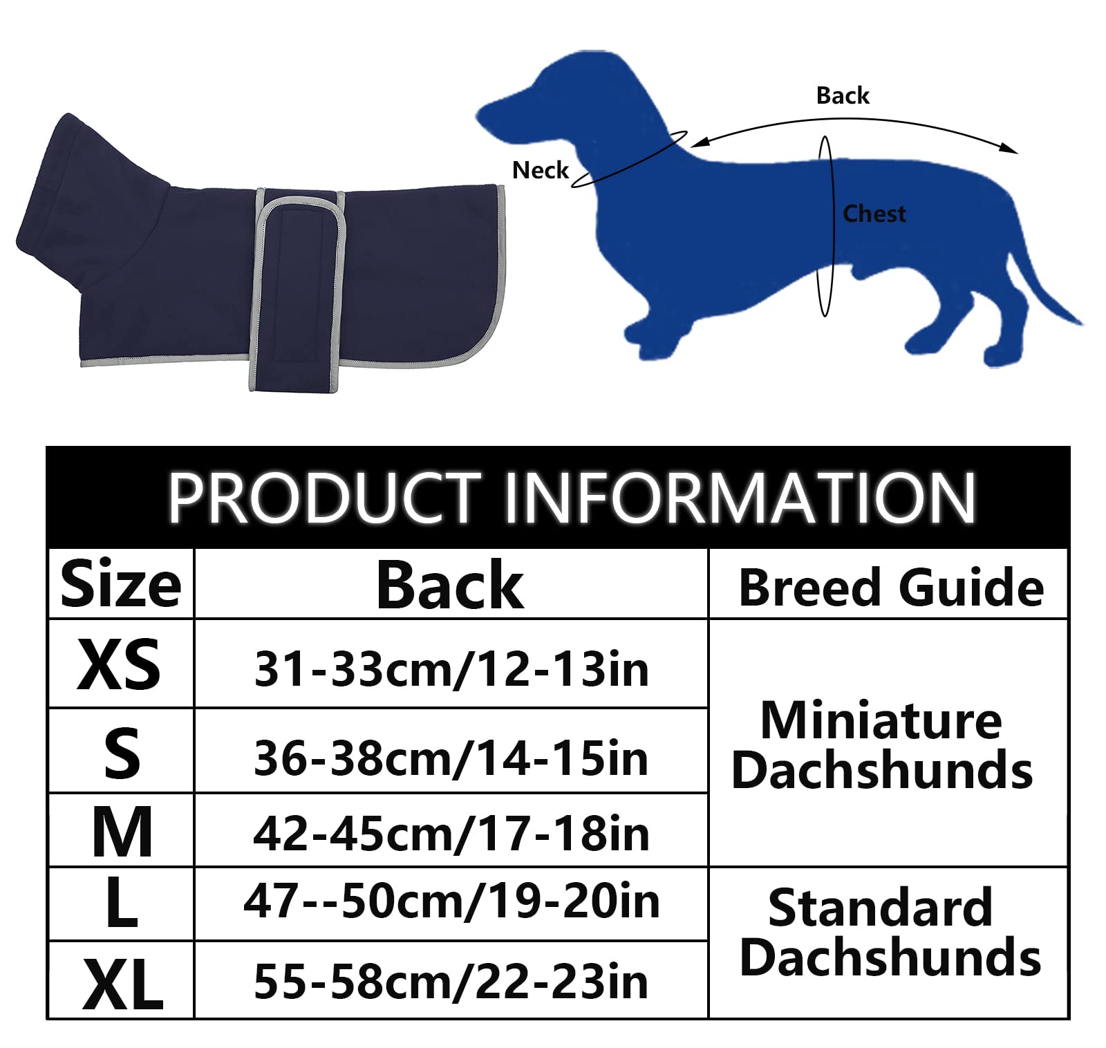 Dog Jacket, Dog Coat Perfect For Dachshunds, Dog Winter Coat With Padded Fleece Lining And High Collar, Dog Snowsuit With Adjustable Bands-Navy-M