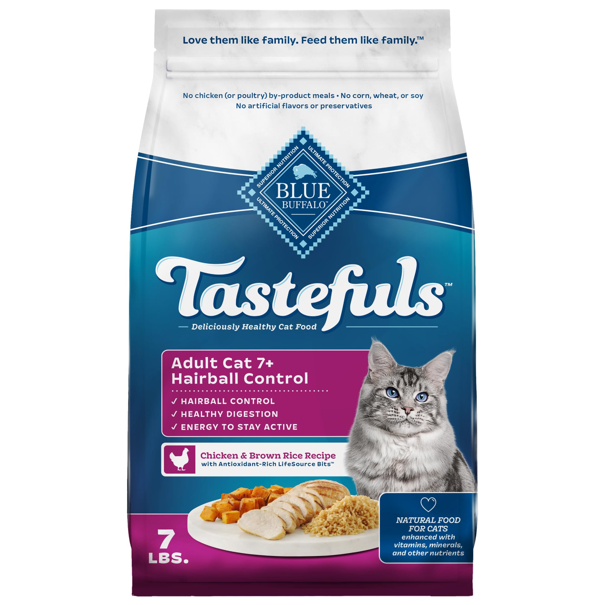 Blue Buffalo Tastefuls Natural Dry Food for Adult Cats 7+, Hairball Control, Chicken & Brown Rice Recipe, 7-lb. Bag