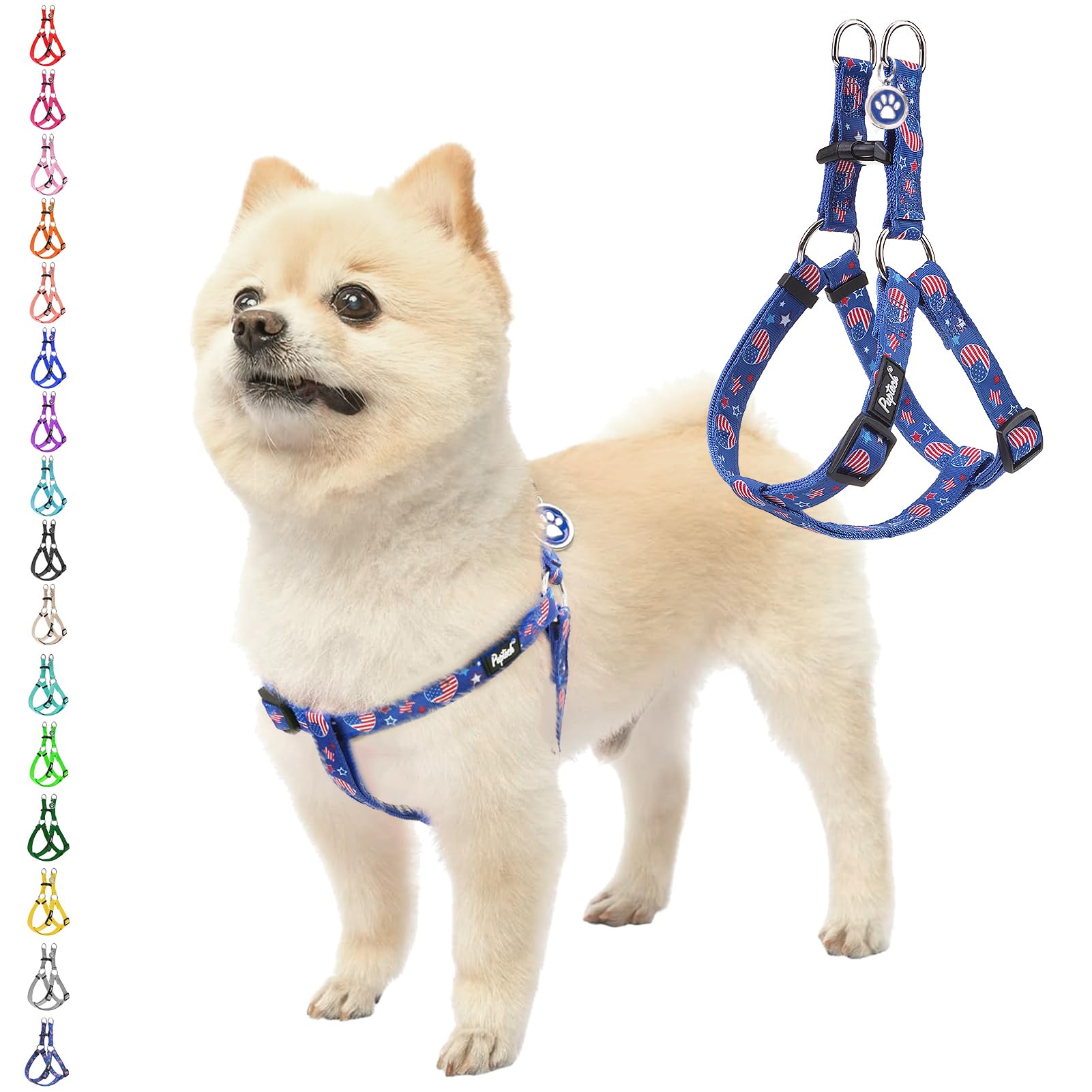 Pupteck No Pull Dog Harness Soft Adjustable Basic Nylon Step In Puppy Vest Outdoor Walking With Id Tag, American Flag, S
