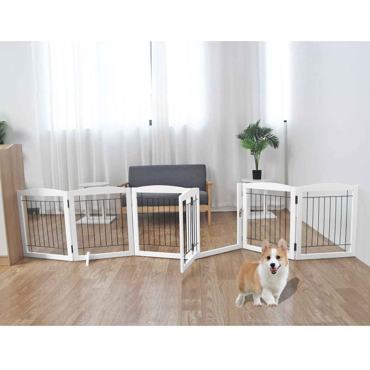 Zjsf Freestanding Foldable Dog Gate With Door Walk Through Wooden Extra Wide White Indoor Puppy Gate 6 Panels Tall Pet Gate Dog Gates For The House Dog Fence 24''H