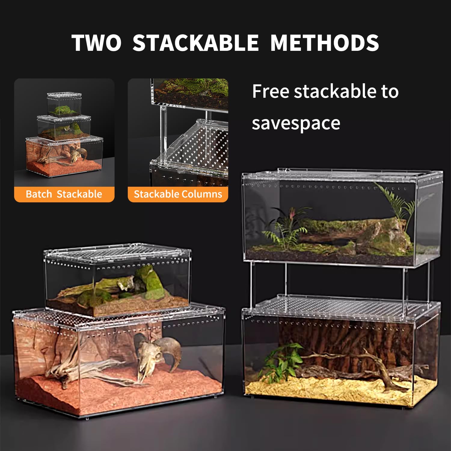 ?No Assembly? Reptile Tank Enclosure With Magnetic Button.16'' * 10'' * 8'' Thicken Snake Enclosure Cage,Batch Stackable Reptile