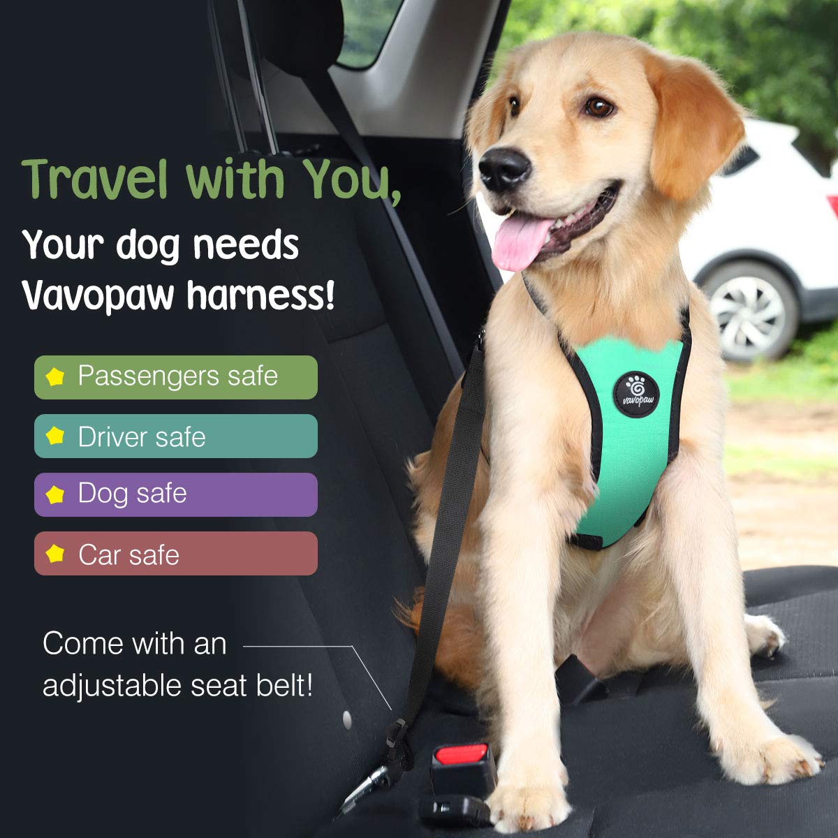 Vavopaw Dog Vehicle Safety Vest Harness, Adjustable Soft Padded Mesh Car Seat Belt Leash Harness With Travel Strap And Carabiner For Most Cars, Size Large, Lake Blue