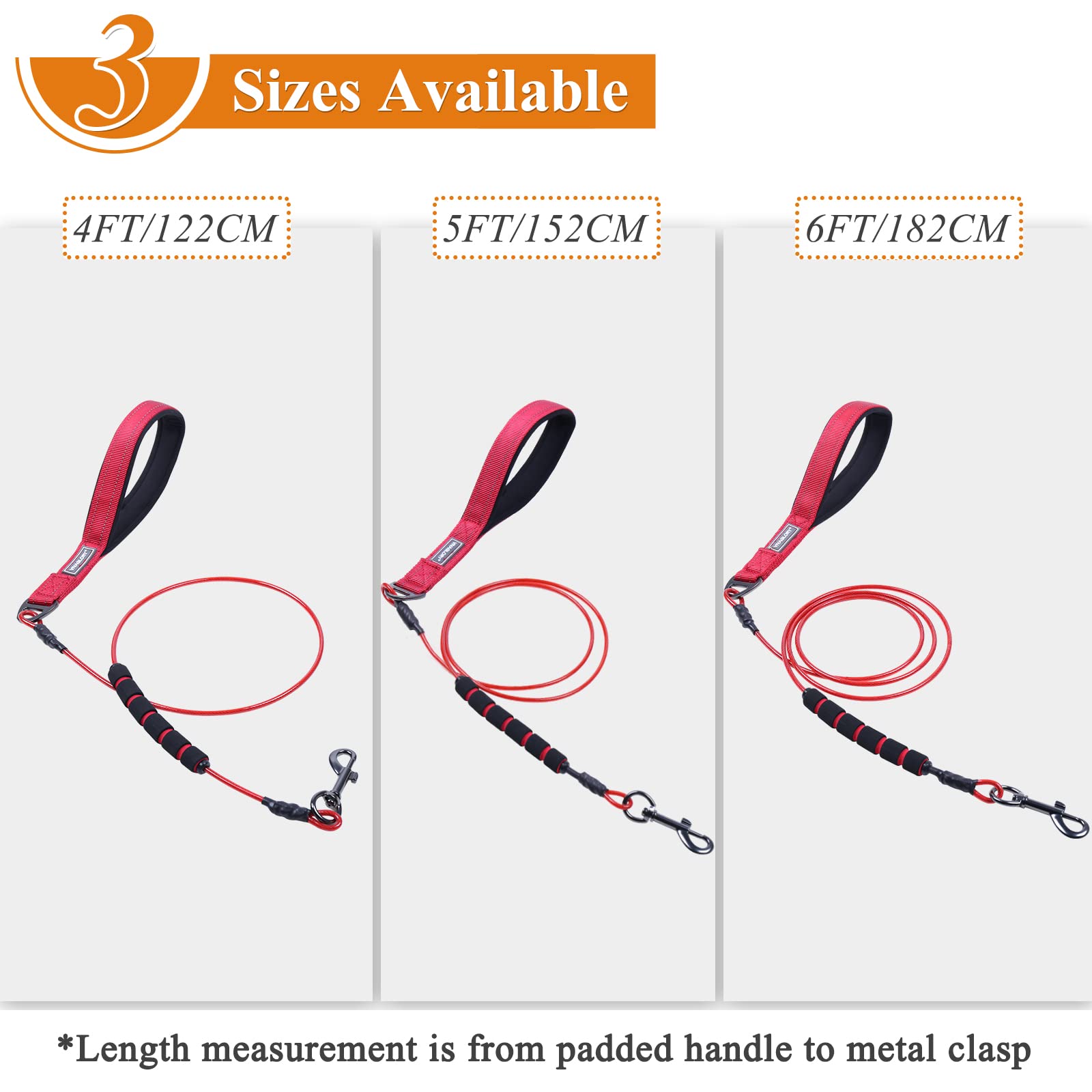 6Ft Chew Proof Dog Leash With Soft Foam And Reflective Padded Handle, Waterproof Vinyl Coated Steel Cable Chew-Resistant Metal Lead For Small Large Dogs, Red