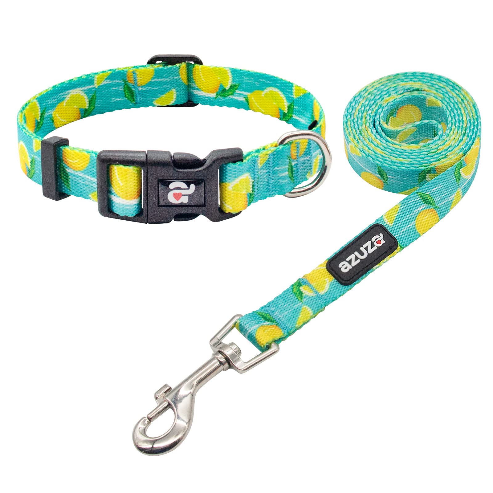 Azuza Dog Collar And Leash Set, Lemon Patterns On Blue Nylon Collar And Matching Leash, Great Option For Medium Dogs