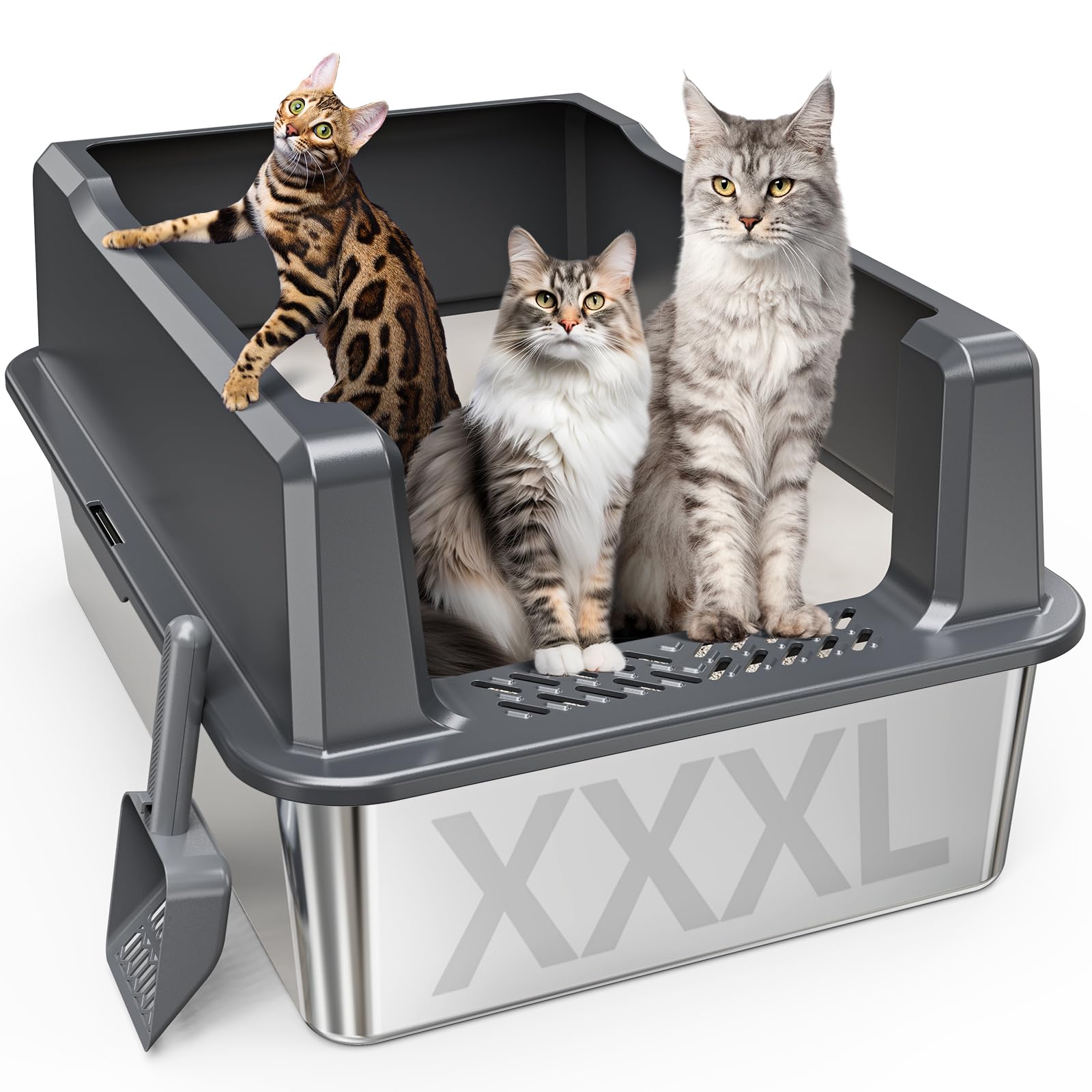 XXL Stainless Steel Cat Litter Box with High Sided, 26 L x 18 W x 12 H Extra Large Litter Box for Big Cats and Multiple Cats, En